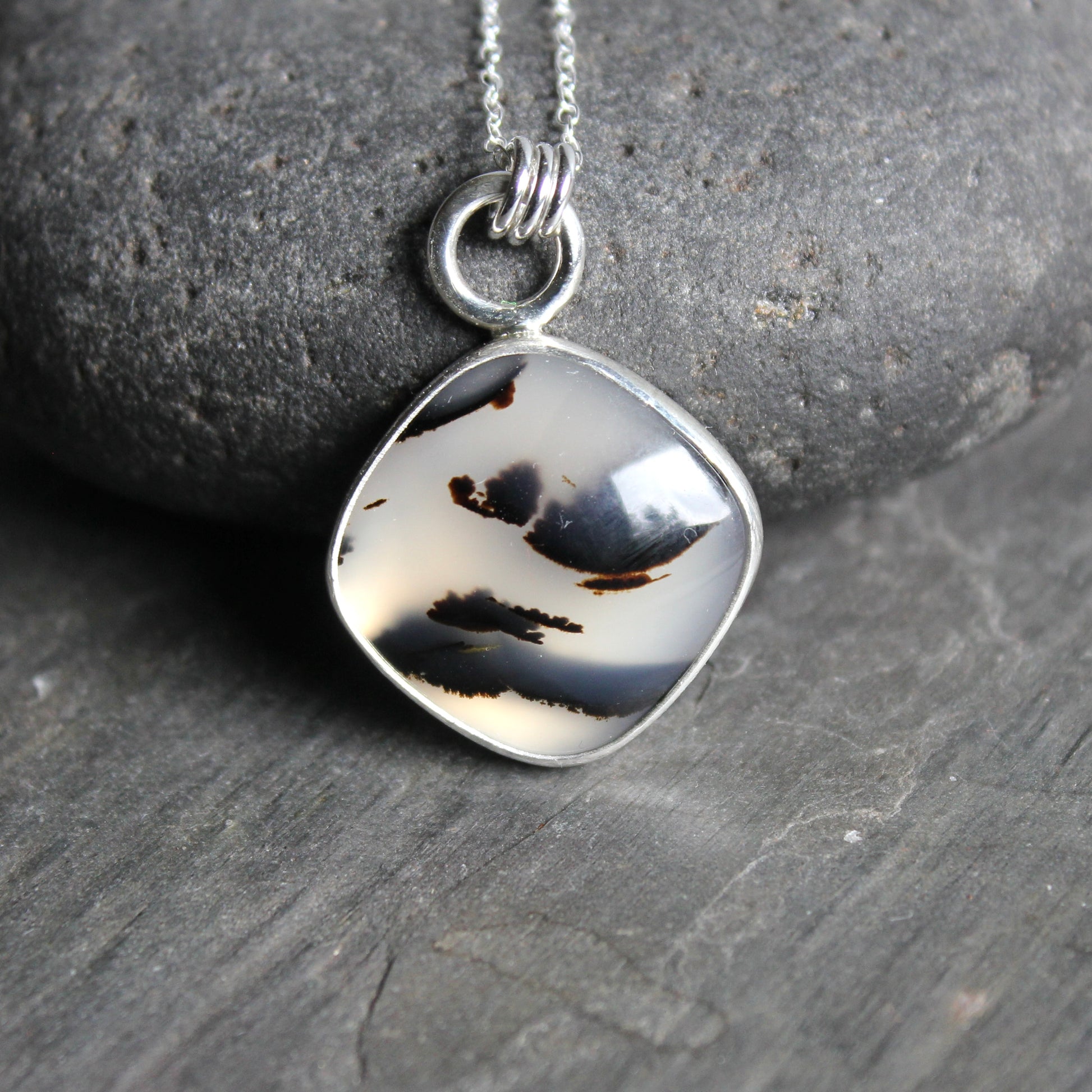 Large Montana Agate pendant necklace in sterling silver, natural cream and black patterned gemstone, handmade in Oregon