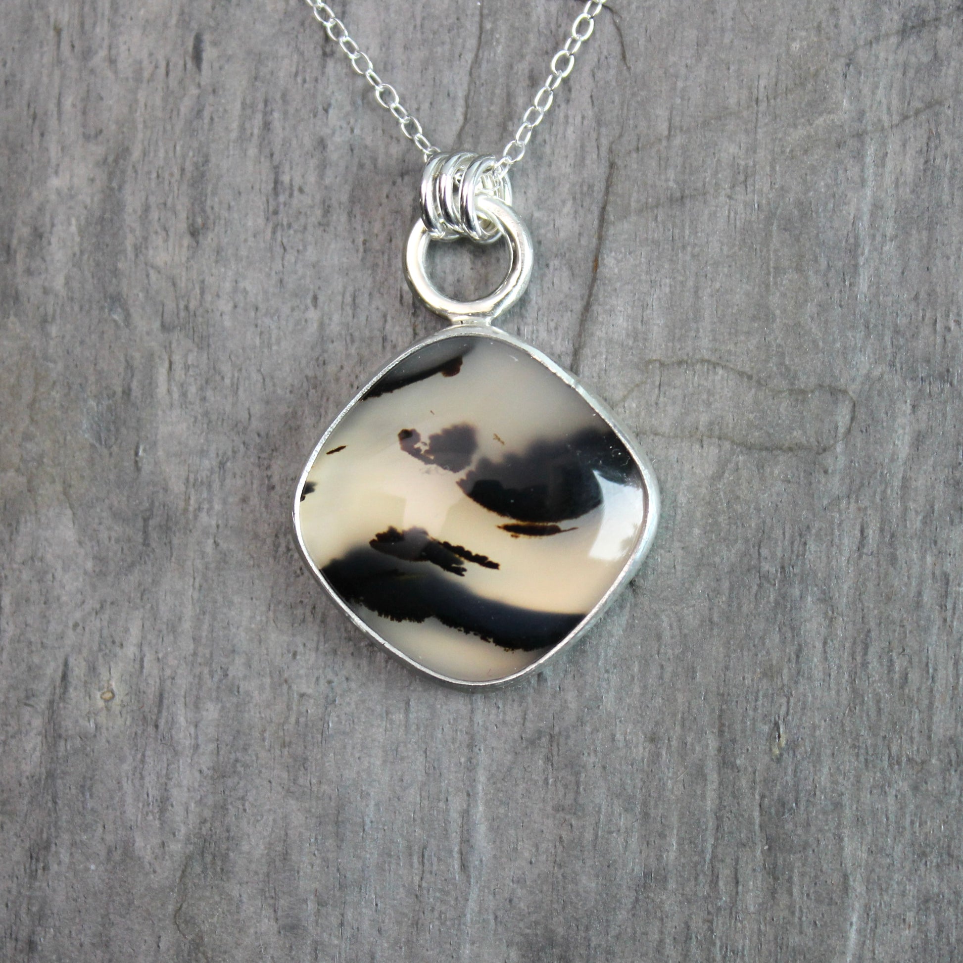 Large Montana Agate pendant necklace in sterling silver, natural cream and black patterned gemstone, handmade in Oregon