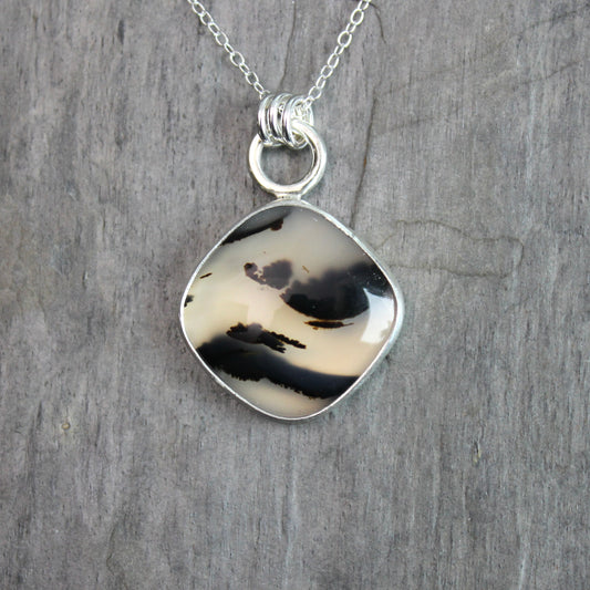 Large Montana Agate pendant necklace in sterling silver, natural cream and black patterned gemstone, handmade in Oregon