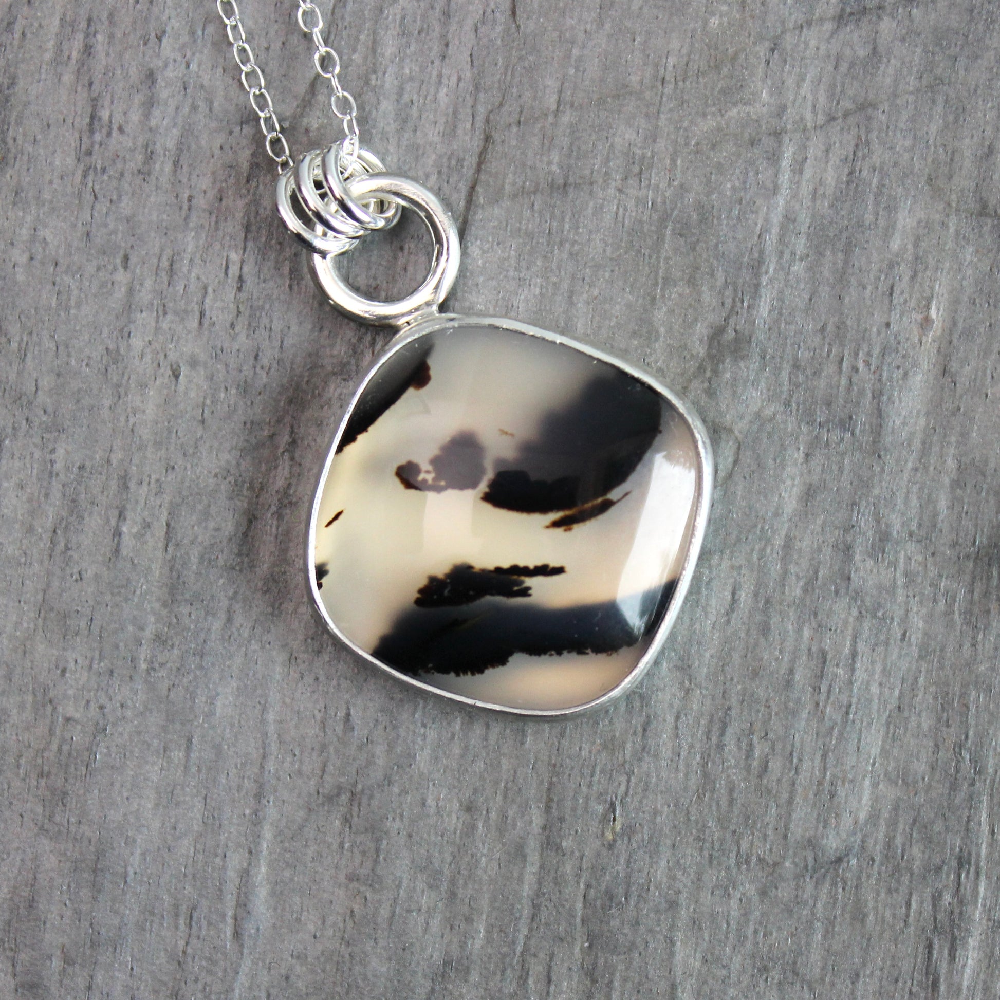 Large Montana Agate pendant necklace in sterling silver, natural cream and black patterned gemstone, handmade in Oregon