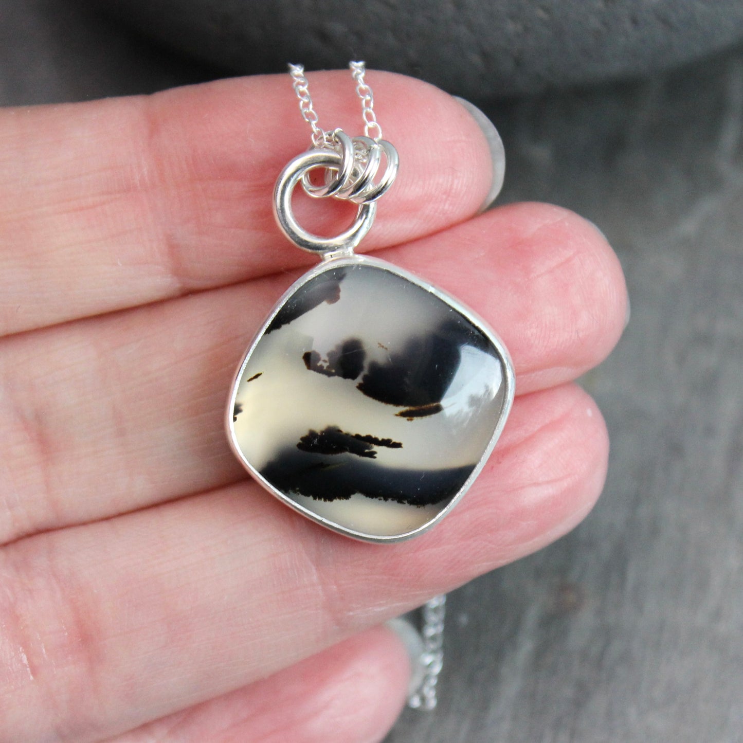 Large Montana Agate pendant necklace in sterling silver, natural cream and black patterned gemstone, handmade in Oregon