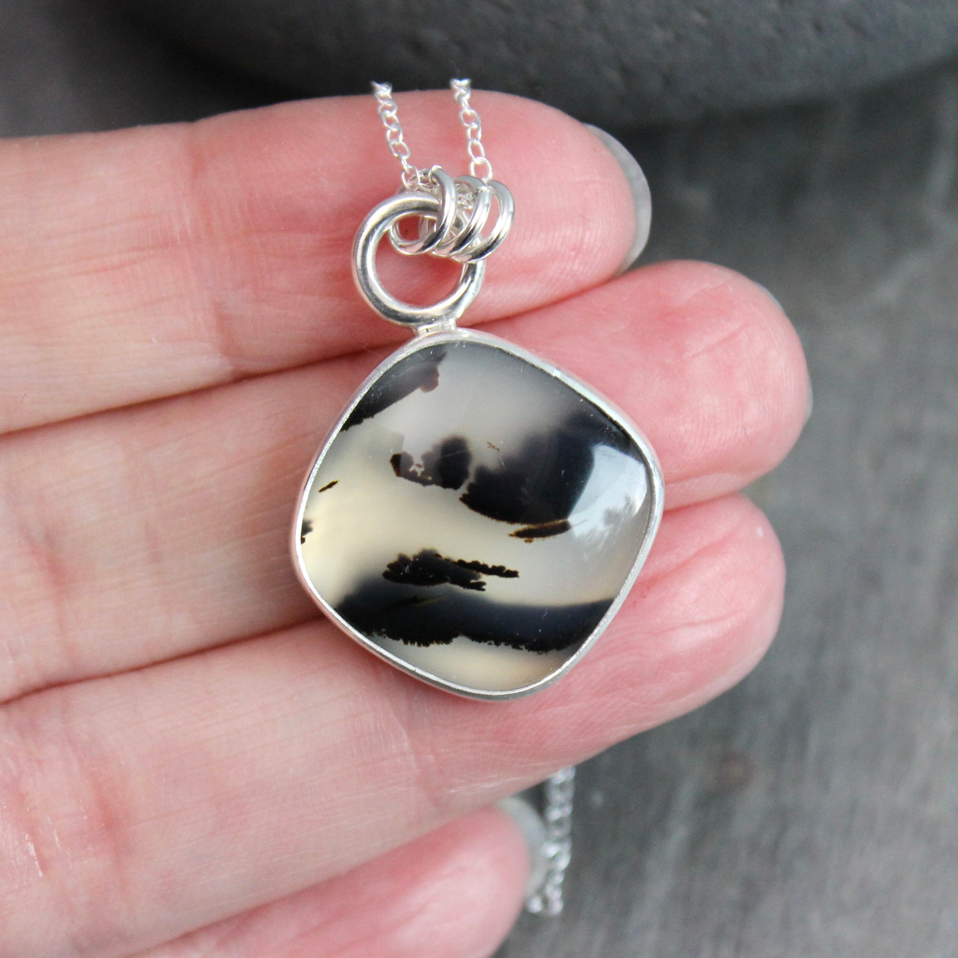 Large Montana Agate pendant necklace in sterling silver, natural cream and black patterned gemstone, handmade in Oregon