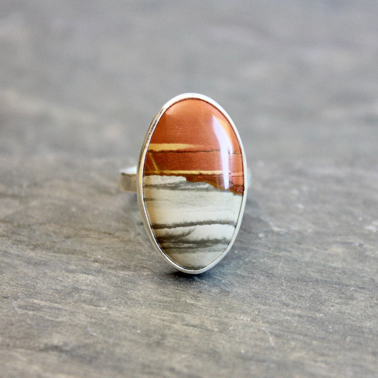 Oregon Landscape Jasper statement ring in sterling silver, size 9¾ — orange and gray patterned oval cabochon in hammered silver bezel, handmade by Will Macy"