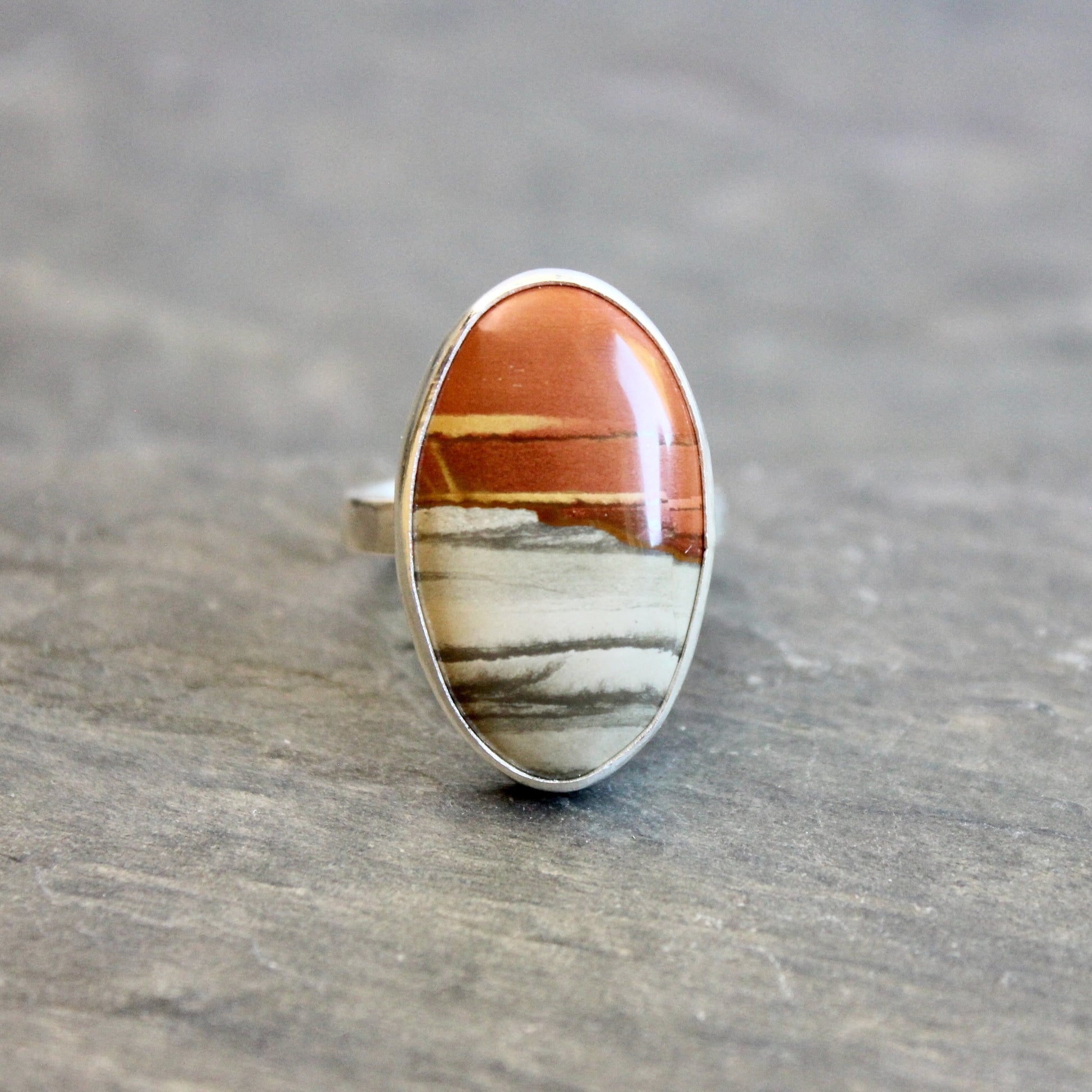 Oregon Landscape Jasper statement ring in sterling silver, size 9¾ — orange and gray patterned oval cabochon in hammered silver bezel, handmade by Will Macy"