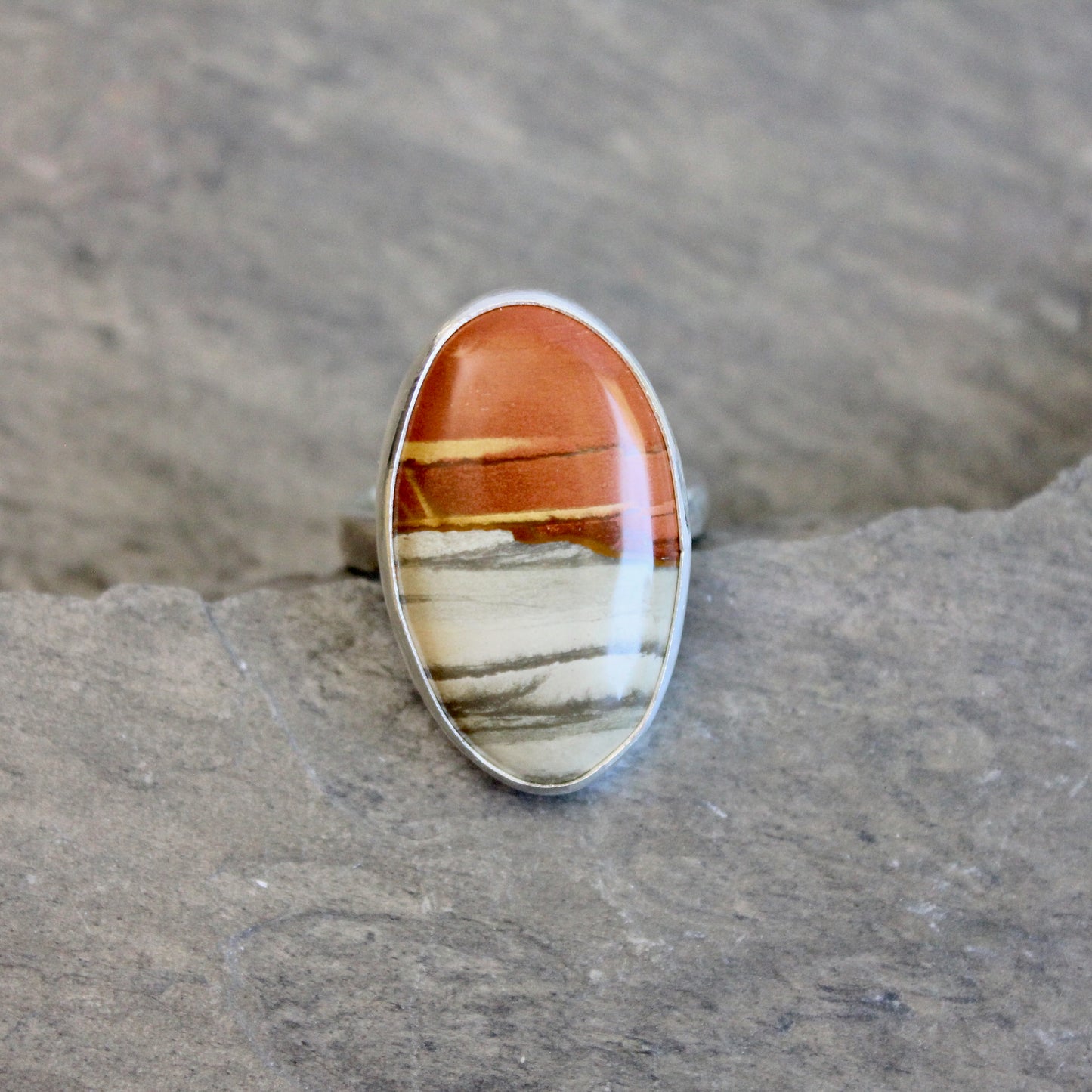 Oregon Landscape Jasper statement ring in sterling silver, size 9¾ — orange and gray patterned oval cabochon in hammered silver bezel, handmade by Will Macy"