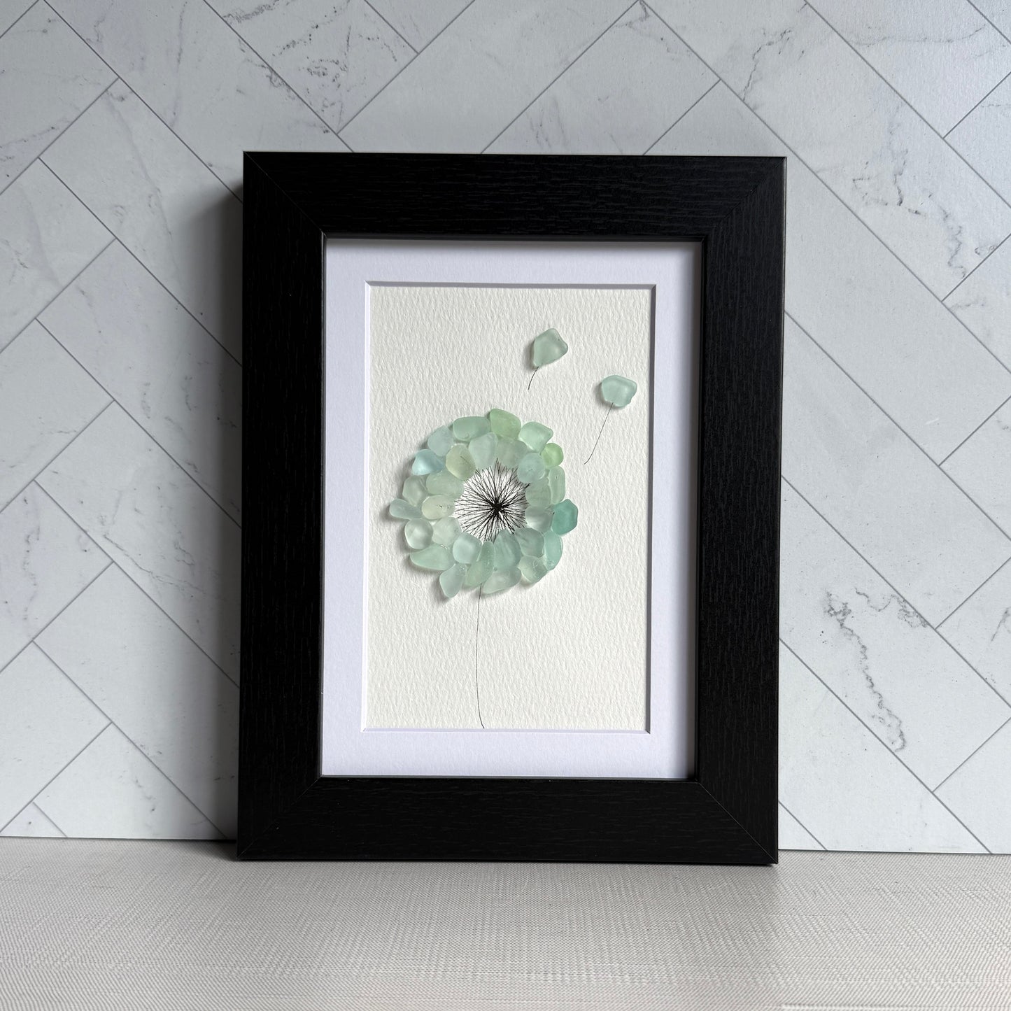 Dandelion Motif Sea Glass Art | Framed 5x7 Wall Art | Handmade Aqua Beach Glass Floral Décor & Gift