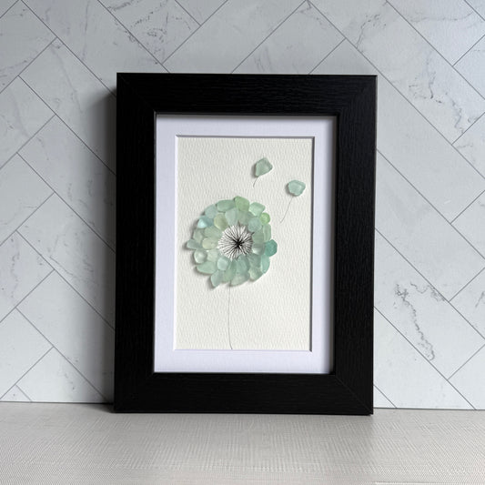 Dandelion Motif Sea Glass Art | Framed 5x7 Wall Art | Handmade Aqua Beach Glass Floral Décor & Gift
