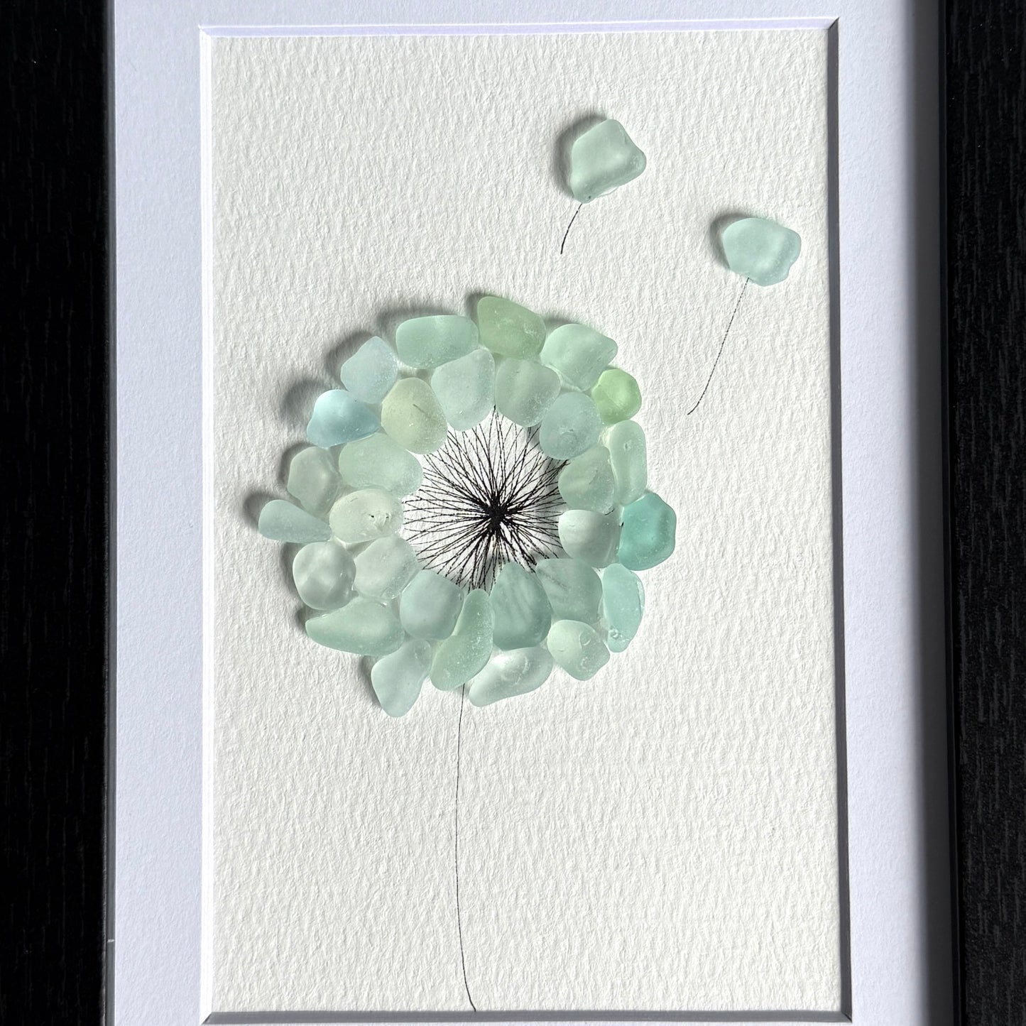 Dandelion Motif Sea Glass Art | Framed 5x7 Wall Art | Handmade Aqua Beach Glass Floral Décor & Gift