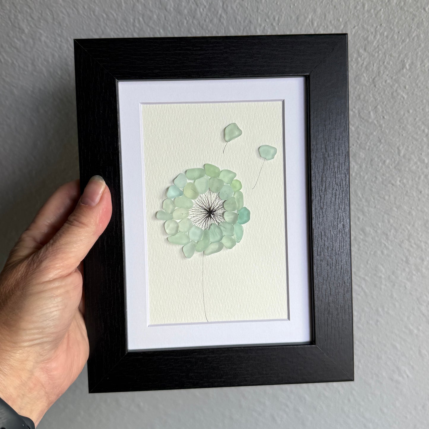 Dandelion Motif Sea Glass Art | Framed 5x7 Wall Art | Handmade Aqua Beach Glass Floral Décor & Gift