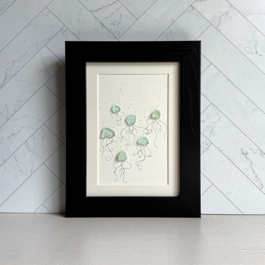Jellyfish 5x7 Framed Sea Glass Art