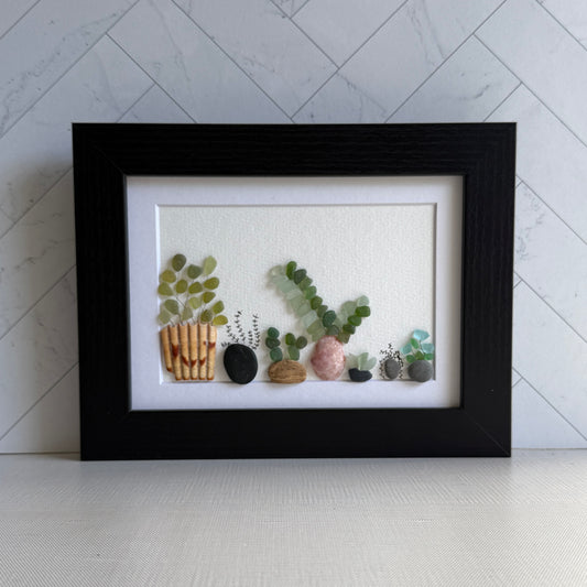 Succulent Sea Glass Art – 5x7 Framed Botanical Wall Decor | Handmade Coastal Plant Gift