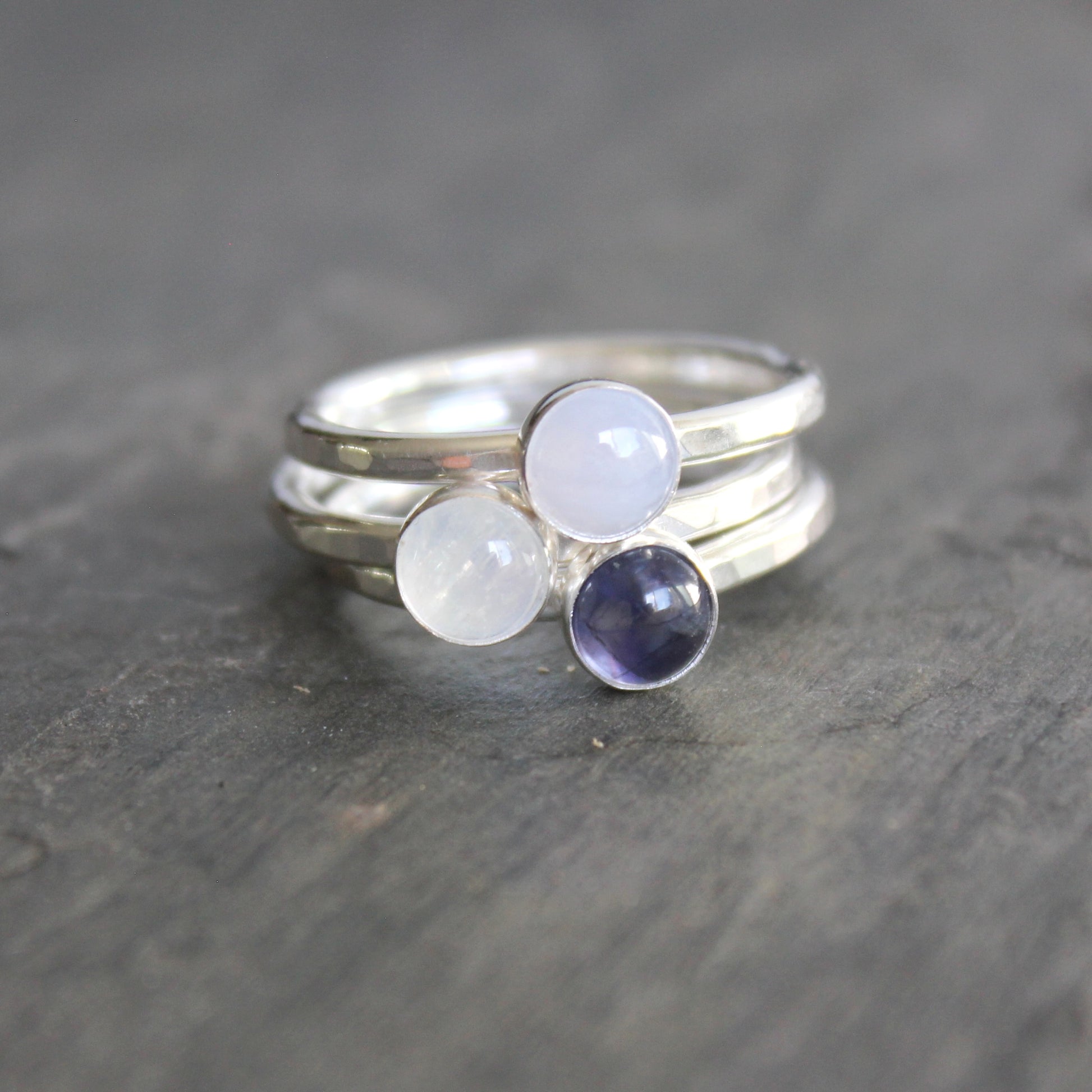 stacking ring set with blue lace agate, moonstone, iolite
