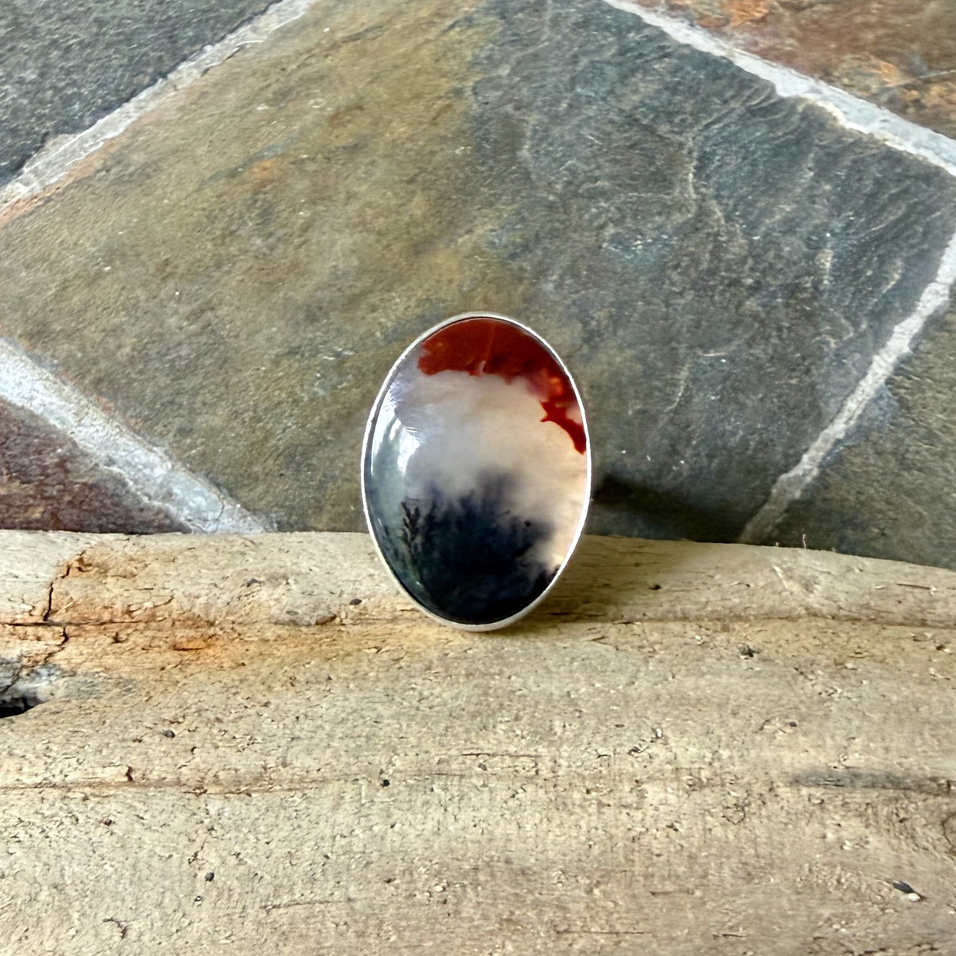 Crooked River Oregon Agate statement ring in sterling silver, size 7¾ — dendritic agate cabochon with black fern-like inclusions in hammered silver bezel, handmade by Will Macy