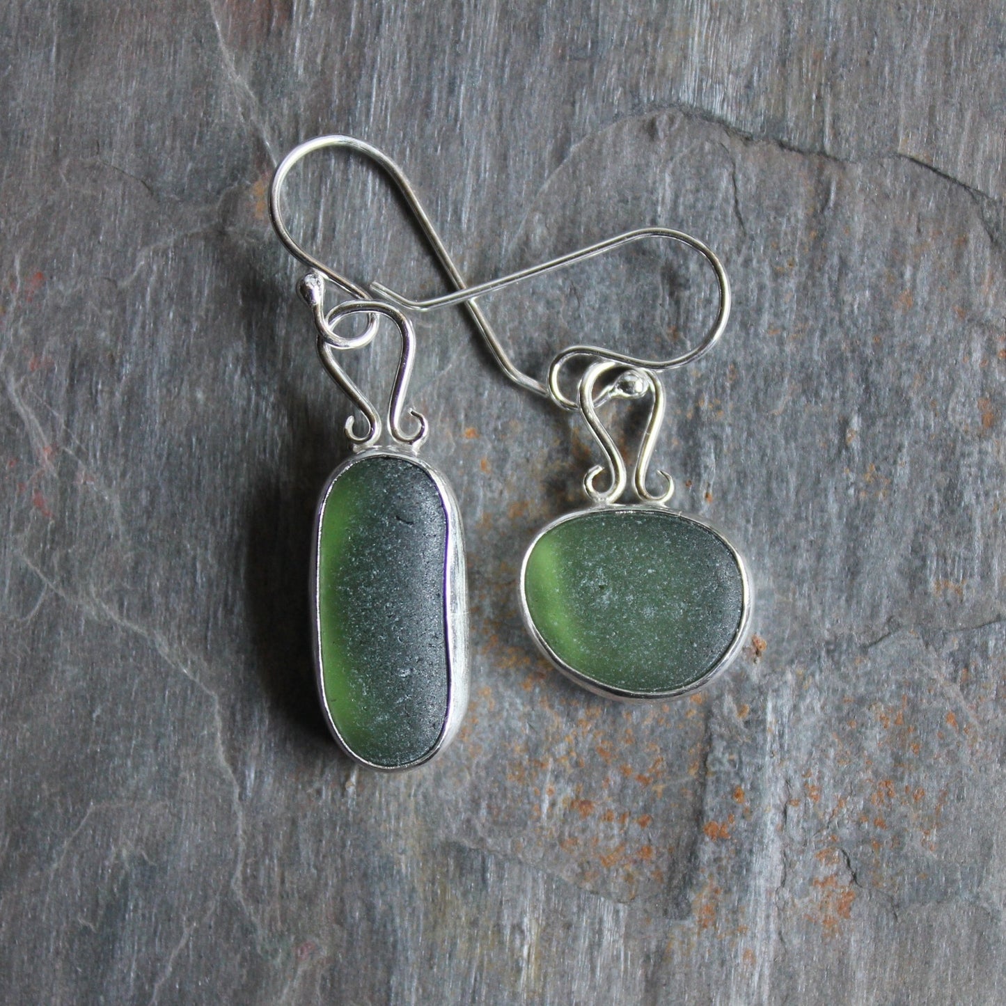 Dark Green Mismatched Dangly Sea Glass Earrings - AccentYourself