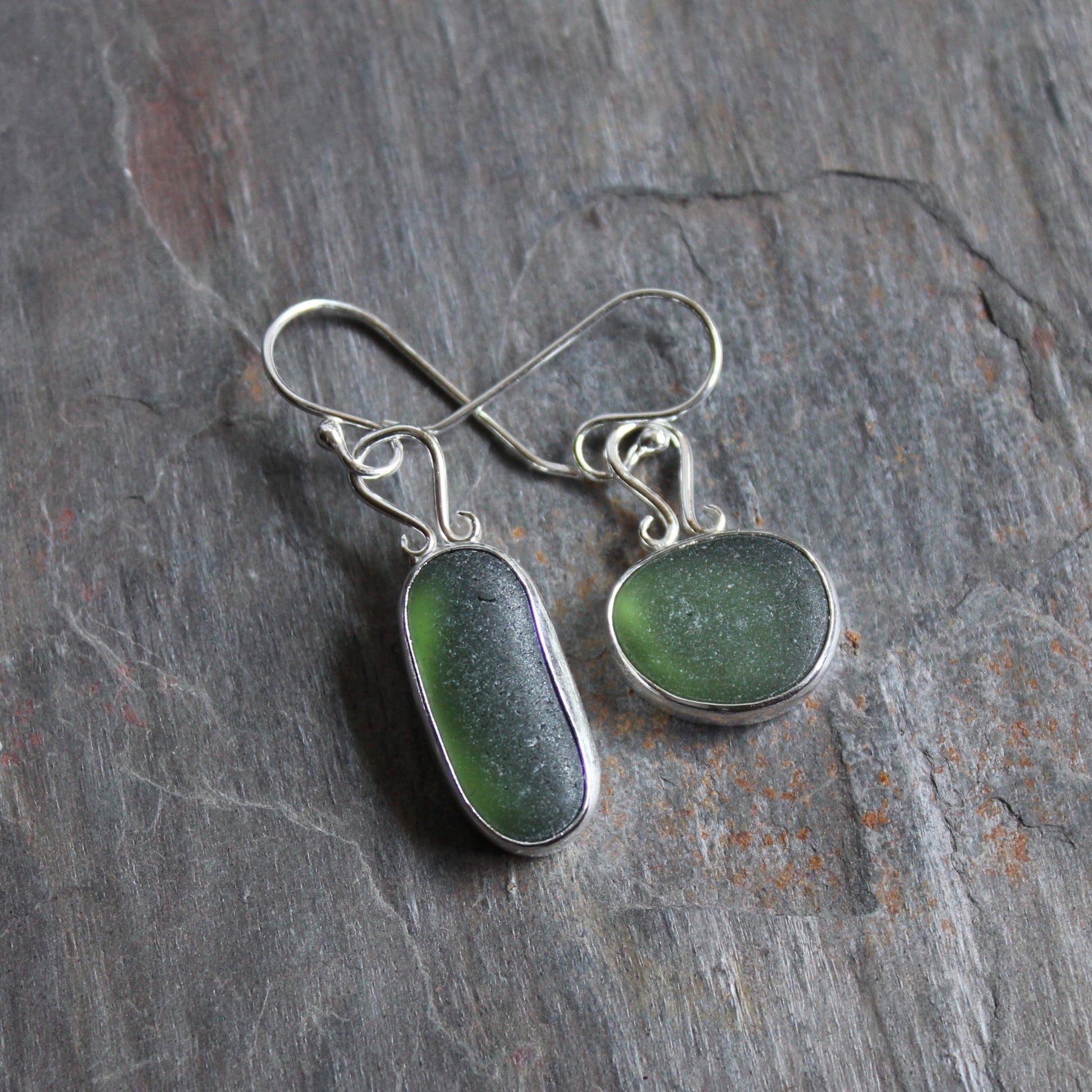 Dark Green Mismatched Dangly Sea Glass Earrings - AccentYourself