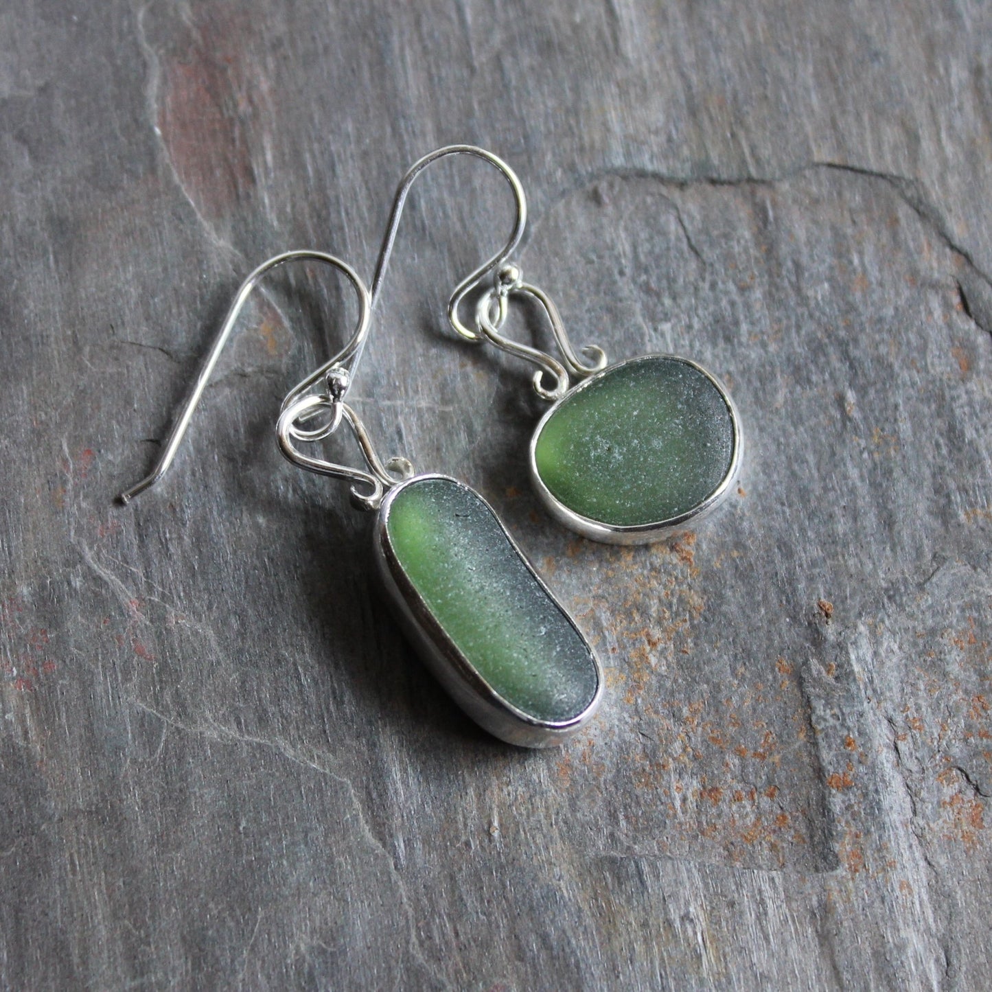 Dark Green Mismatched Dangly Sea Glass Earrings - AccentYourself