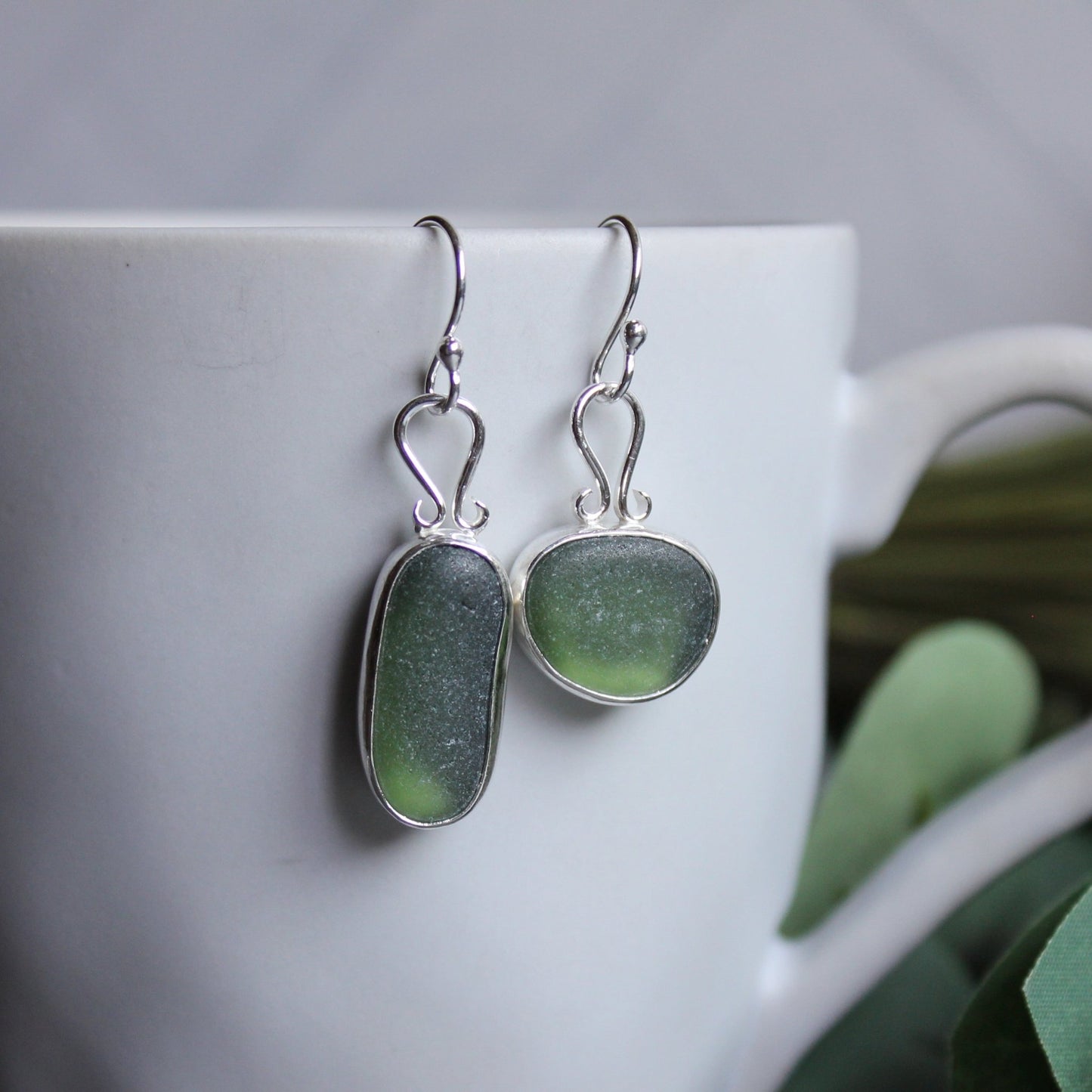 Dark Green Mismatched Dangly Sea Glass Earrings - AccentYourself