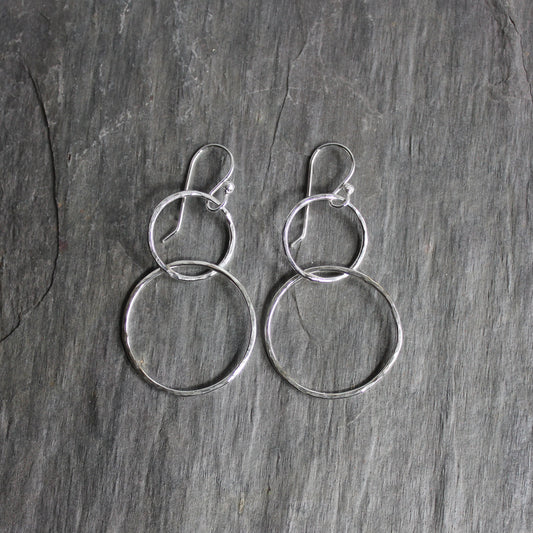 hammered silver double circle dangly earrings