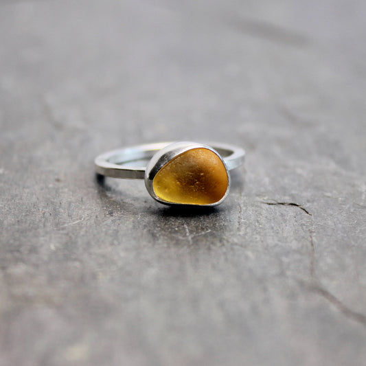 Golden Mustard Yellow Sea Glass Ring | Handmade | Sterling Silver | Size 8.5