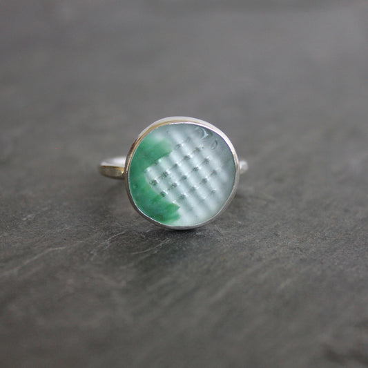 Green Japanese Sea Glass Ohajiki Marble Ring | Sterling Silver | Size 7 ¾