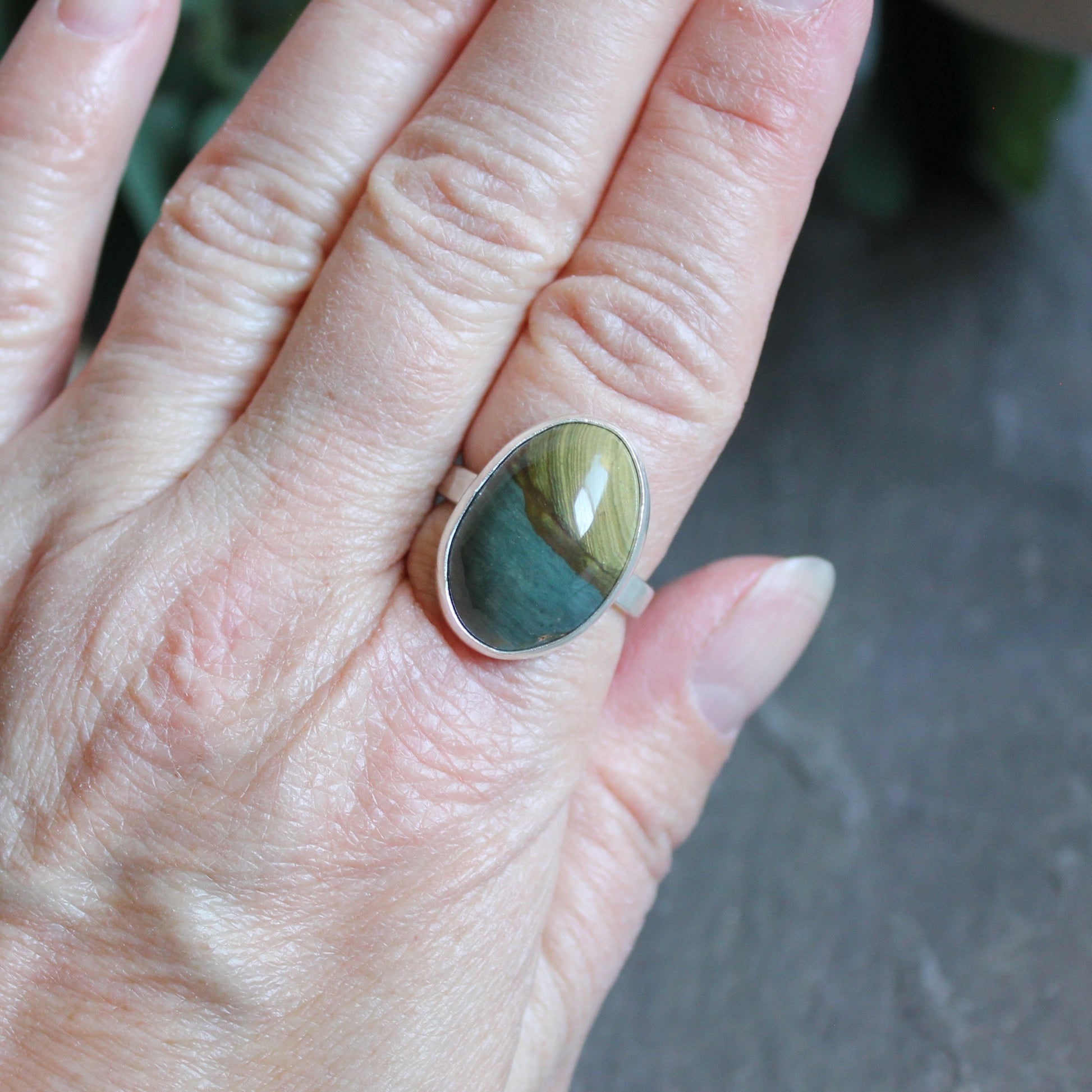 a green and brown oval Gary Green Jasper or Petrified bogwood cabochon set in a fine and sterling silver setting on a sturdy silver band.