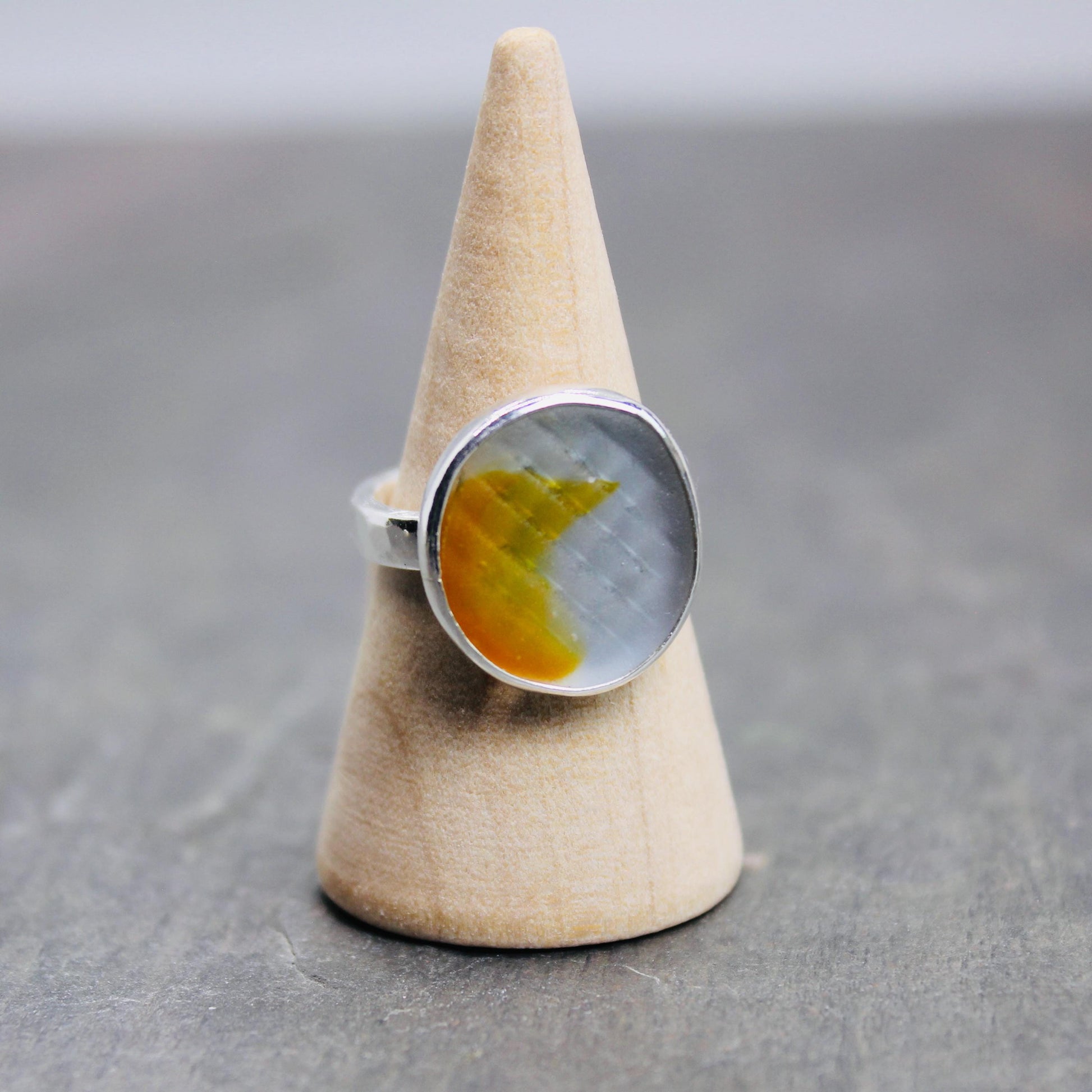 Aqua and Orange Japanese Ohajiki Marble Sea Glass Ring, Unique Birthday Gift for Ocean Lover, Handmade Sterling Silver Jewelry for Her