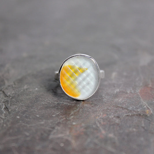 Aqua and Orange Japanese Ohajiki Marble Sea Glass Ring, Unique Birthday Gift for Ocean Lover, Handmade Sterling Silver Jewelry for Her