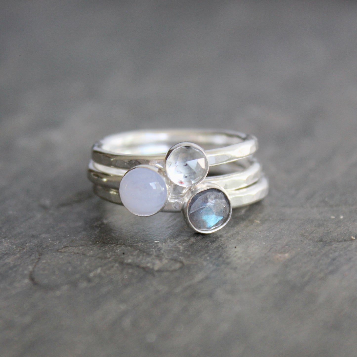 stacking ring set with labradorite, moonstone, and blue lace agate