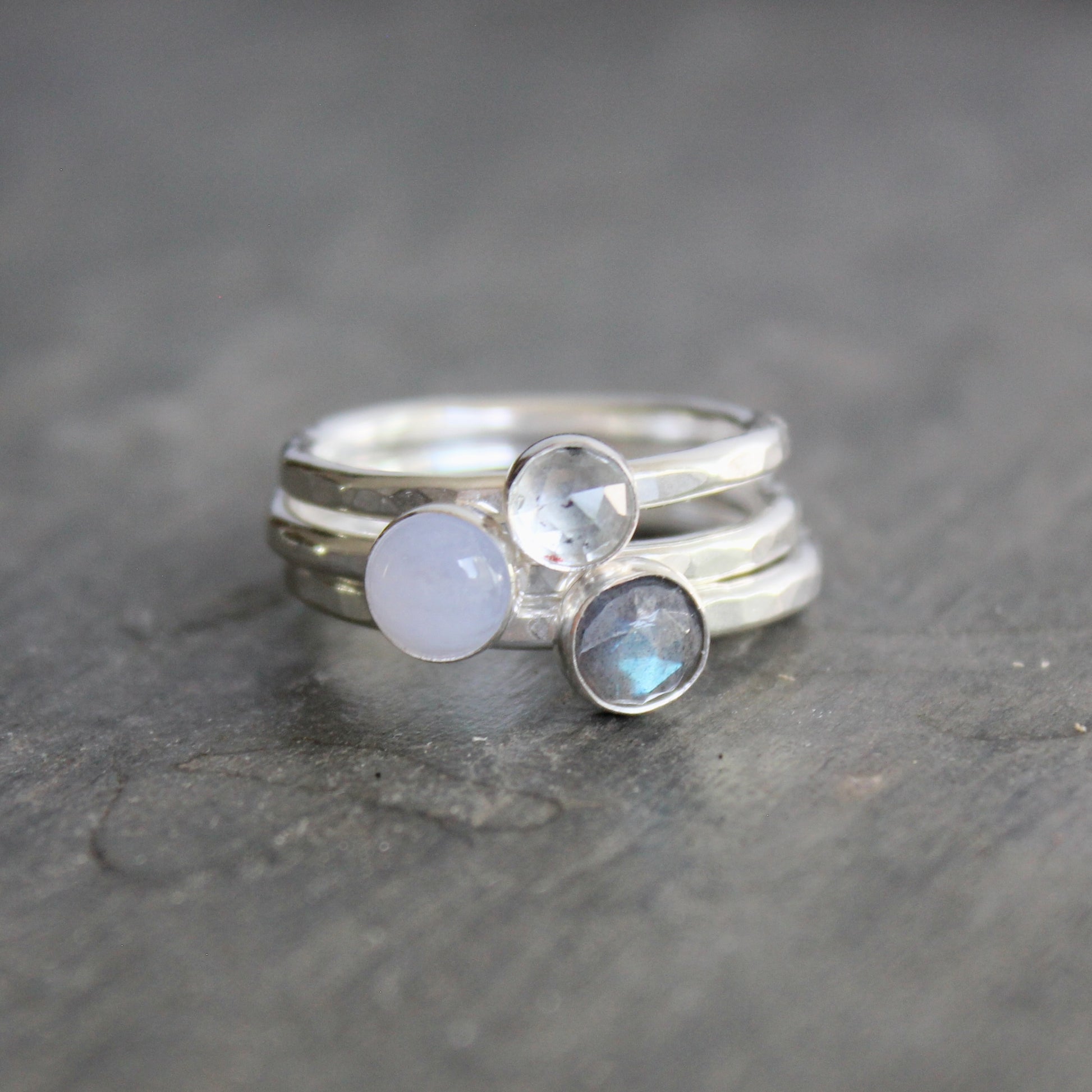stacking ring set with labradorite, moonstone, and blue lace agate