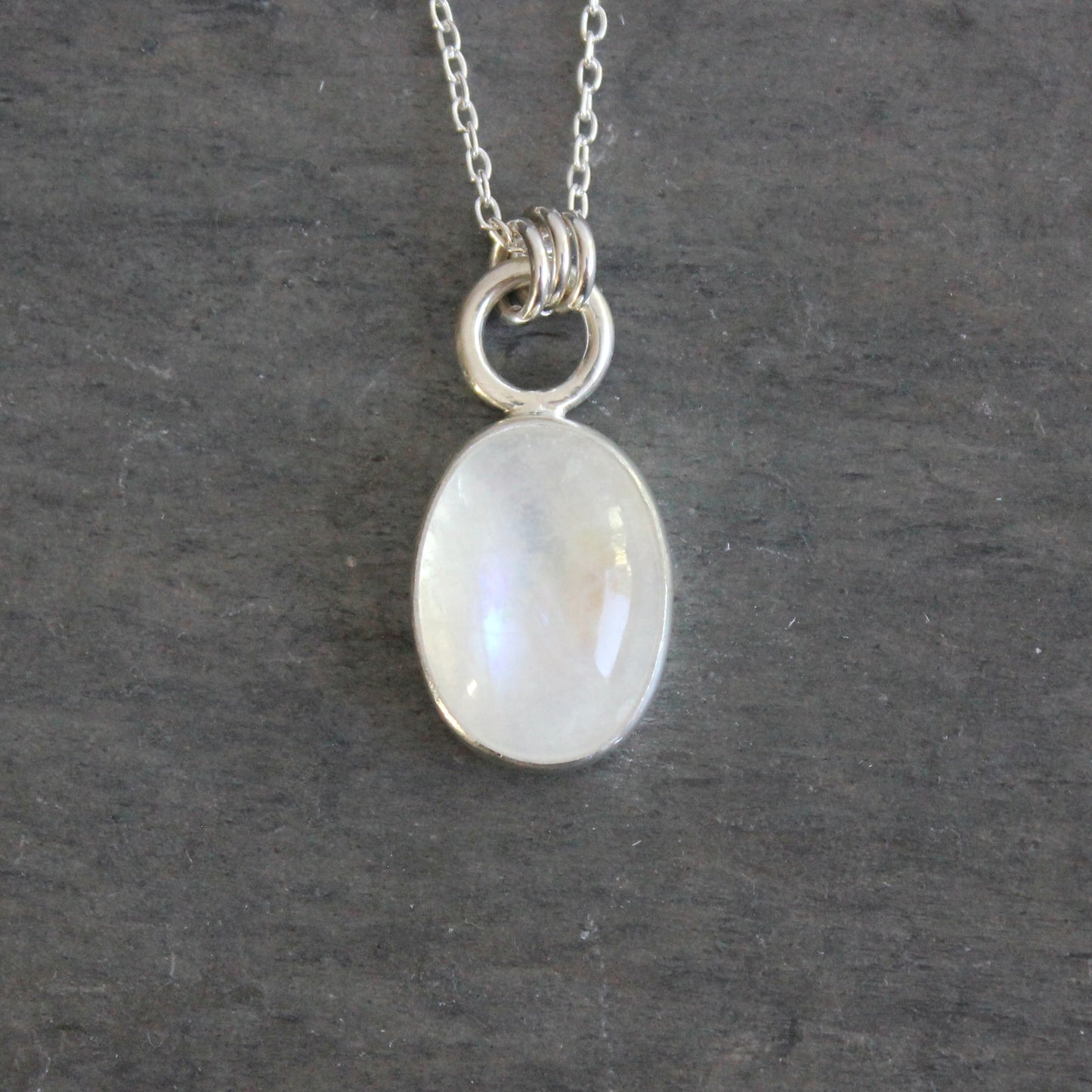 Handmade rainbow moonstone oval sterling silver pendant necklace — June birthstone jewelry by Accent Yourself, Corvallis Oregon