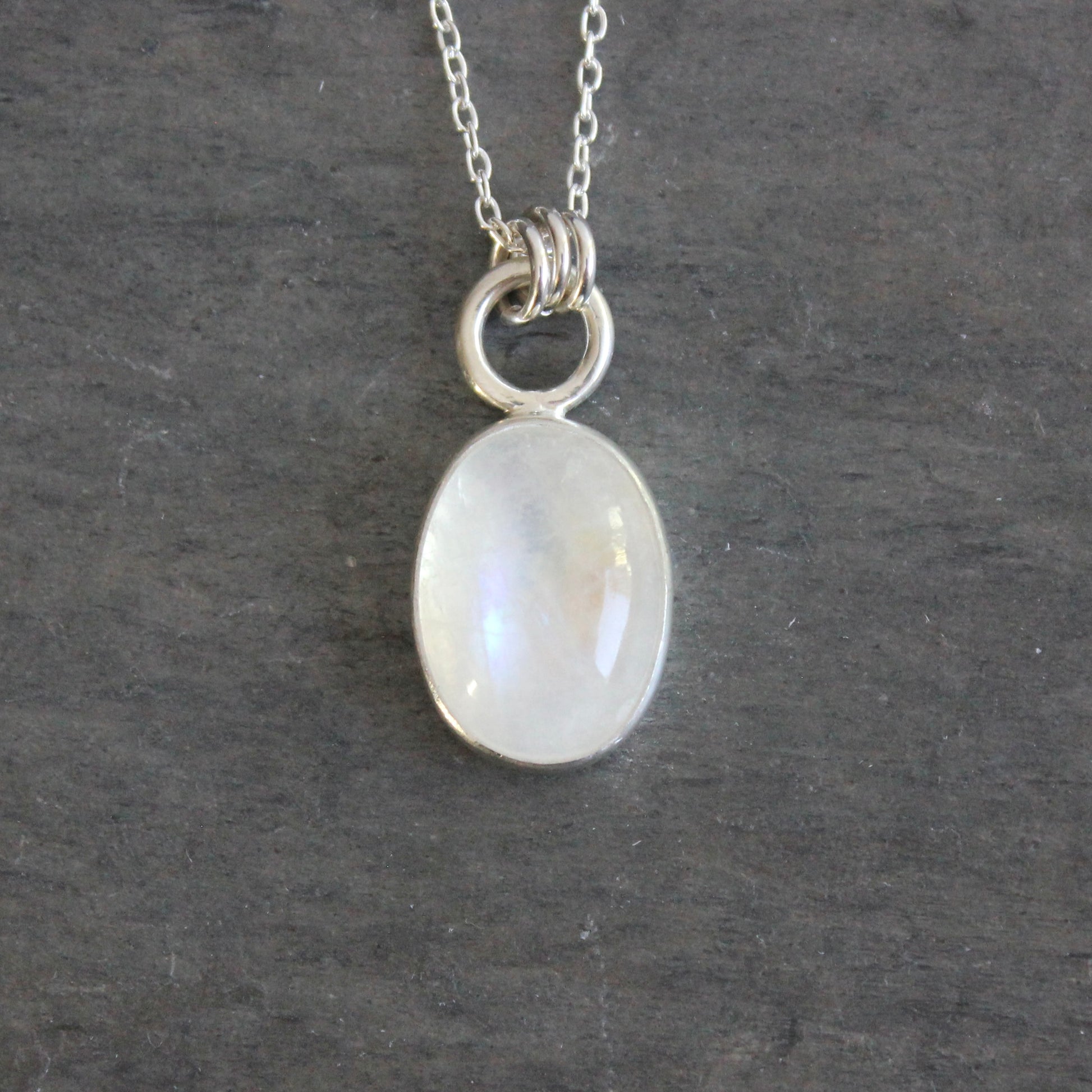 Handmade rainbow moonstone oval sterling silver pendant necklace — June birthstone jewelry by Accent Yourself, Corvallis Oregon