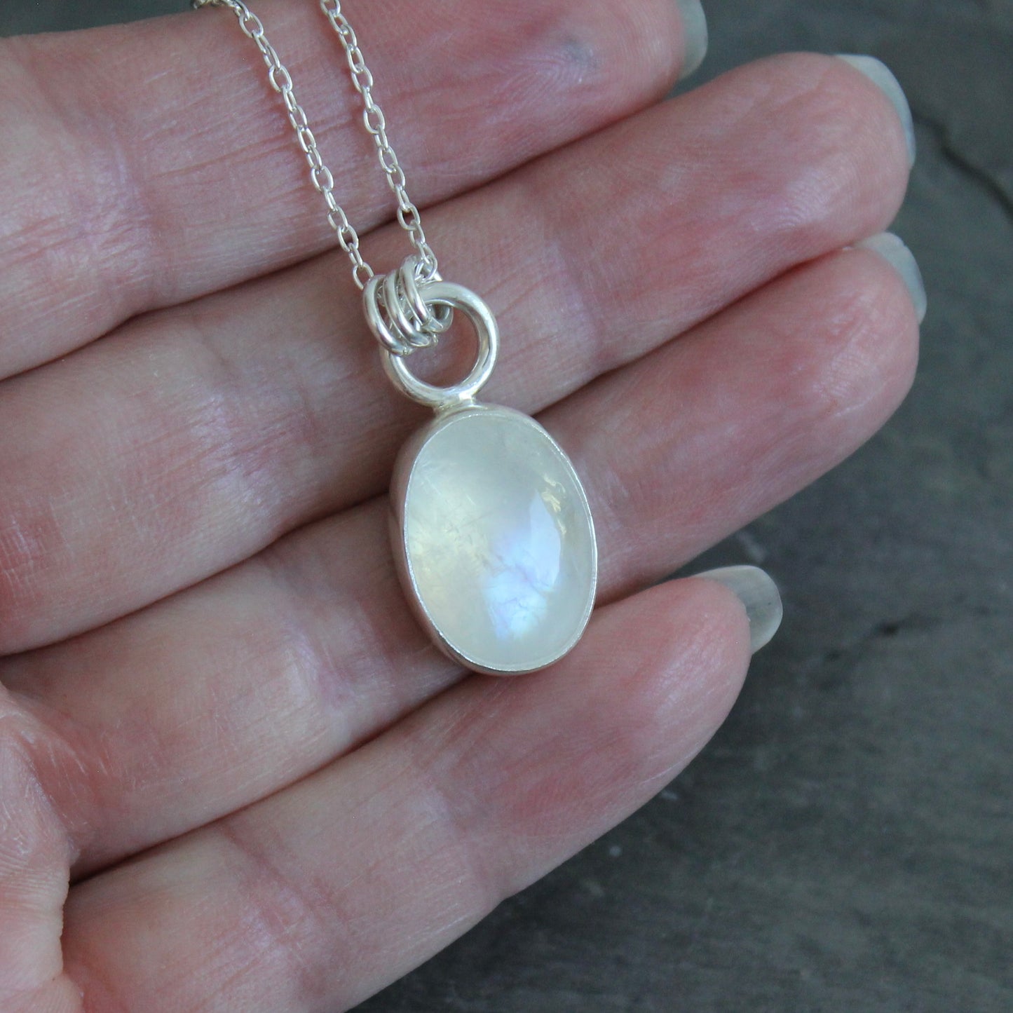 Handmade rainbow moonstone oval sterling silver pendant necklace — June birthstone jewelry by Accent Yourself, Corvallis Oregon