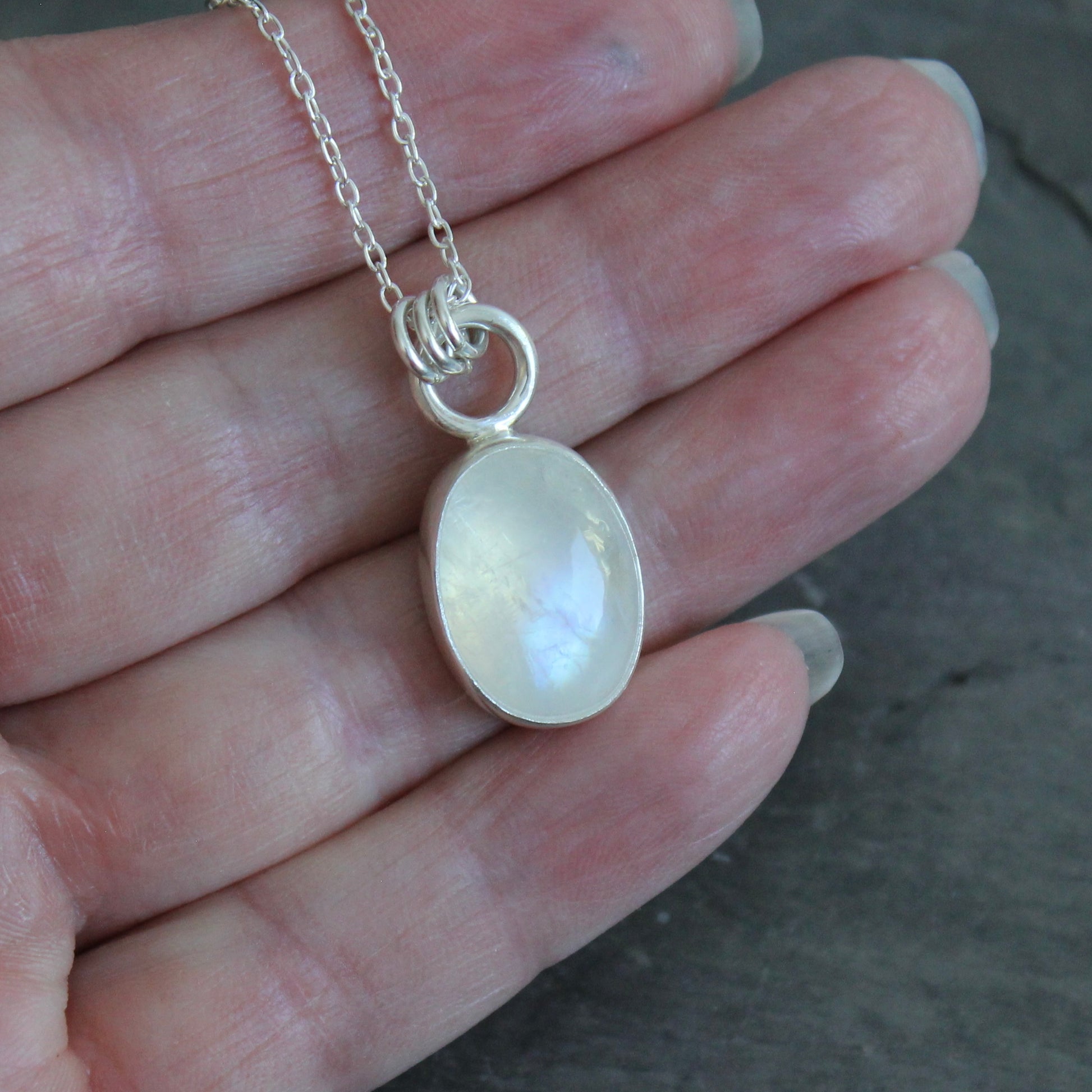 Handmade rainbow moonstone oval sterling silver pendant necklace — June birthstone jewelry by Accent Yourself, Corvallis Oregon