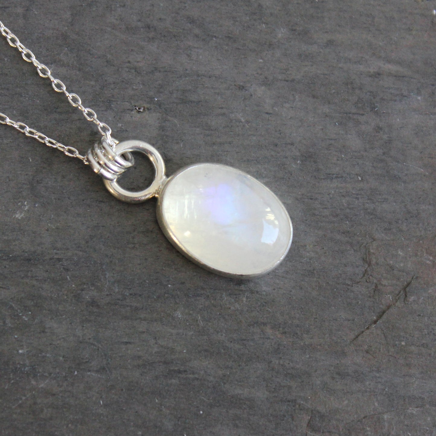 Handmade rainbow moonstone oval sterling silver pendant necklace — June birthstone jewelry by Accent Yourself, Corvallis Oregon