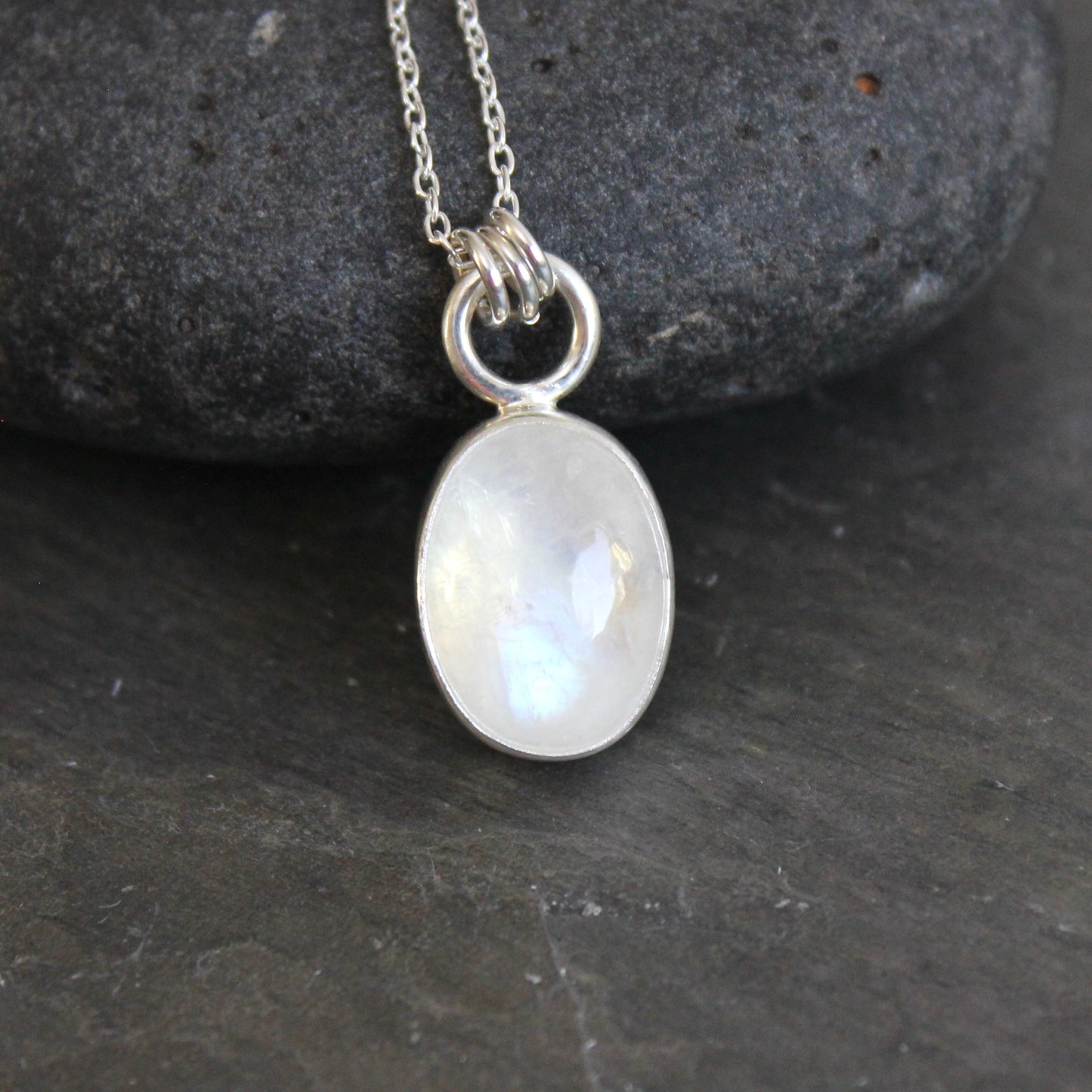 Handmade rainbow moonstone oval sterling silver pendant necklace — June birthstone jewelry by Accent Yourself, Corvallis Oregon