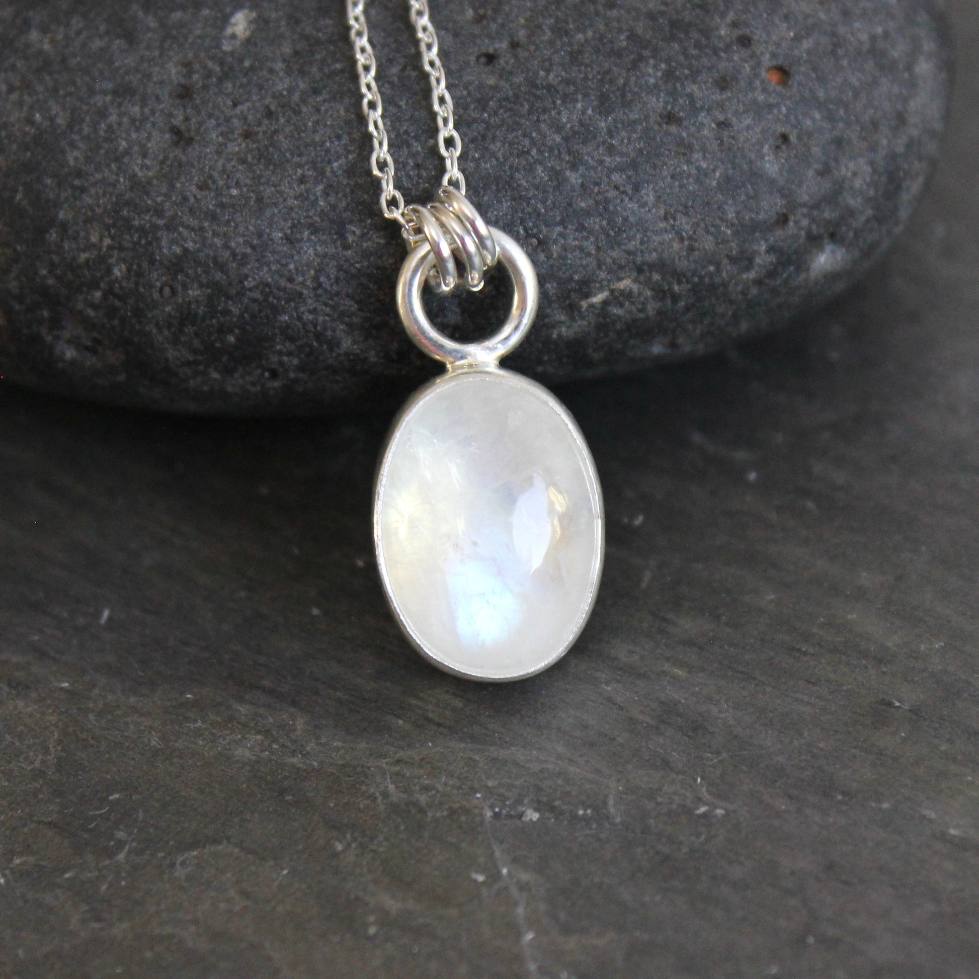 Handmade rainbow moonstone oval sterling silver pendant necklace — June birthstone jewelry by Accent Yourself, Corvallis Oregon