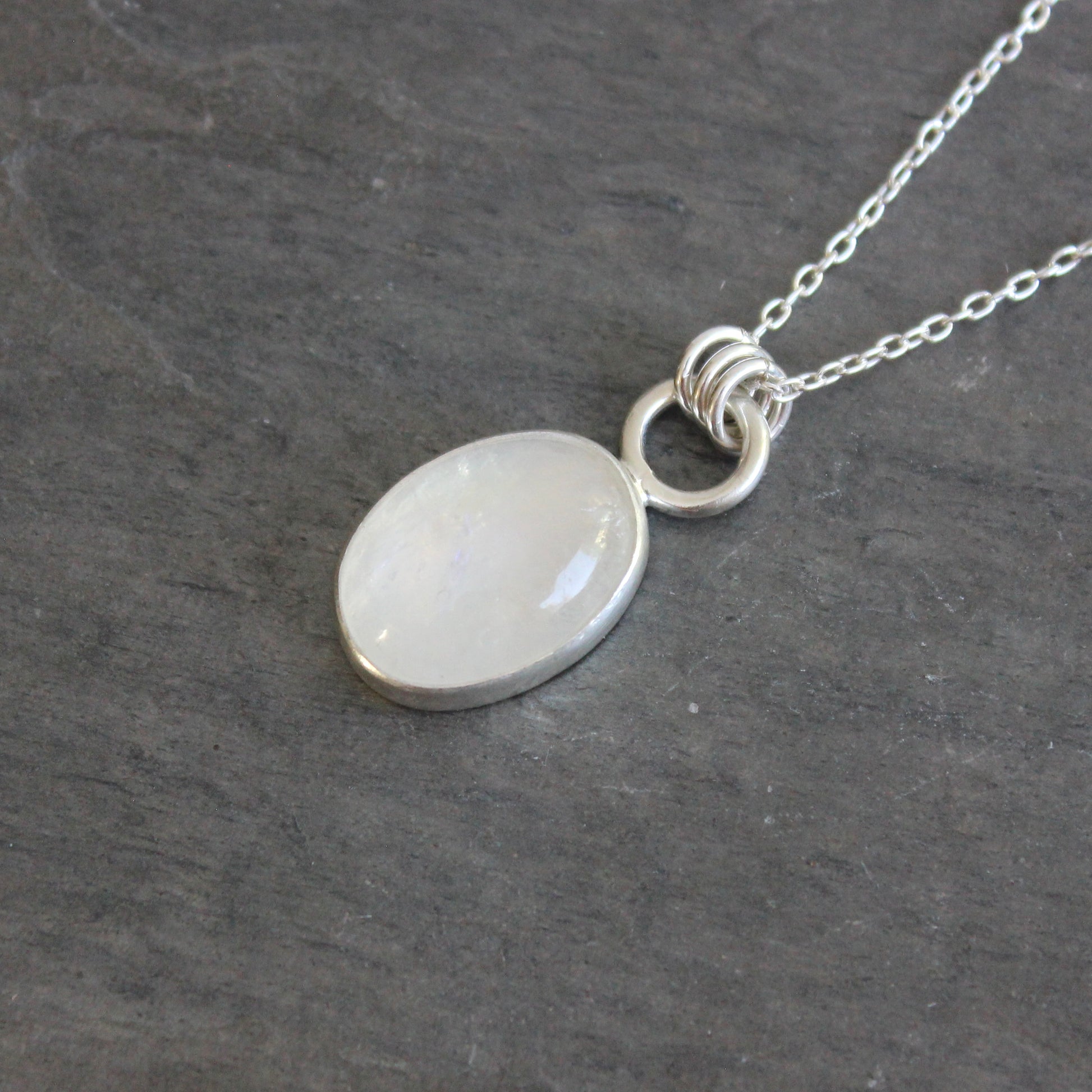 Handmade rainbow moonstone oval sterling silver pendant necklace — June birthstone jewelry by Accent Yourself, Corvallis Oregon