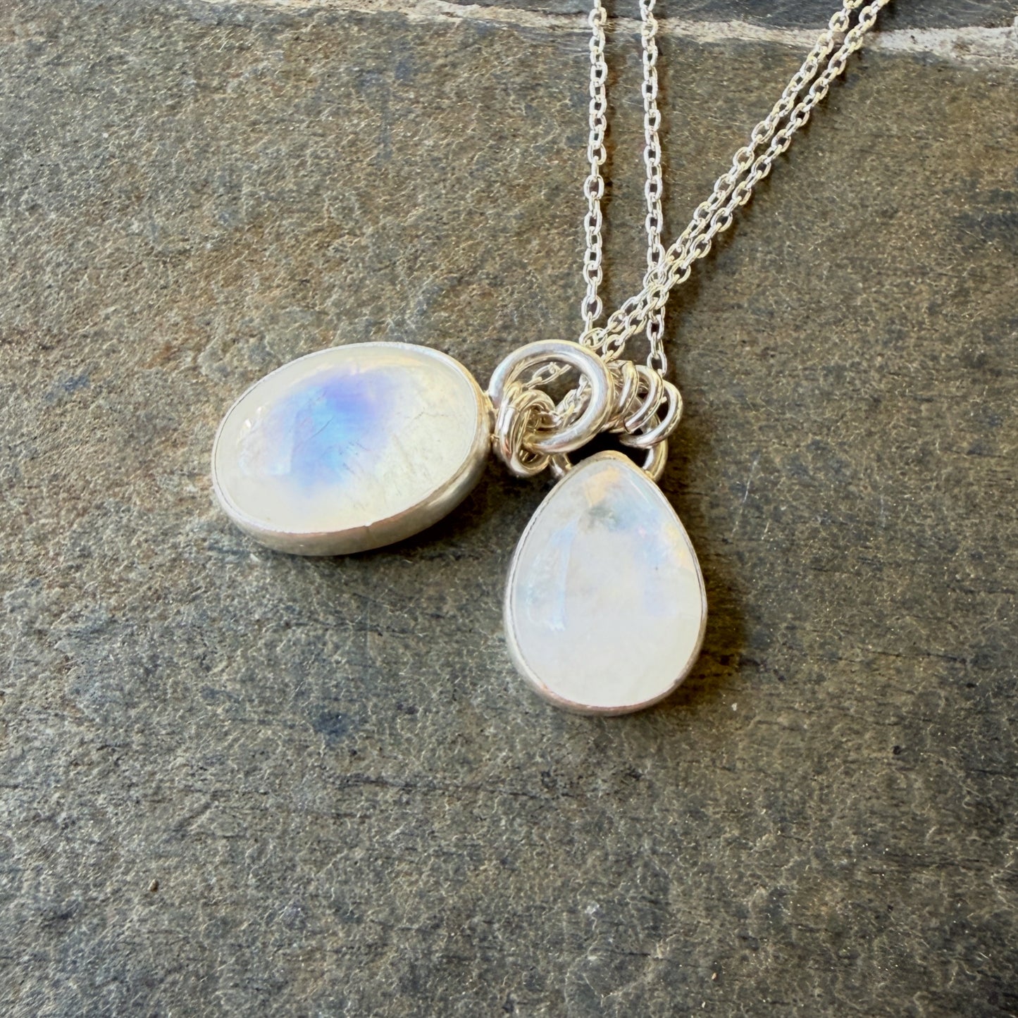 Handmade rainbow moonstone teardrop sterling silver pendant necklace — June birthstone jewelry by Accent Yourself, Corvallis Oregon