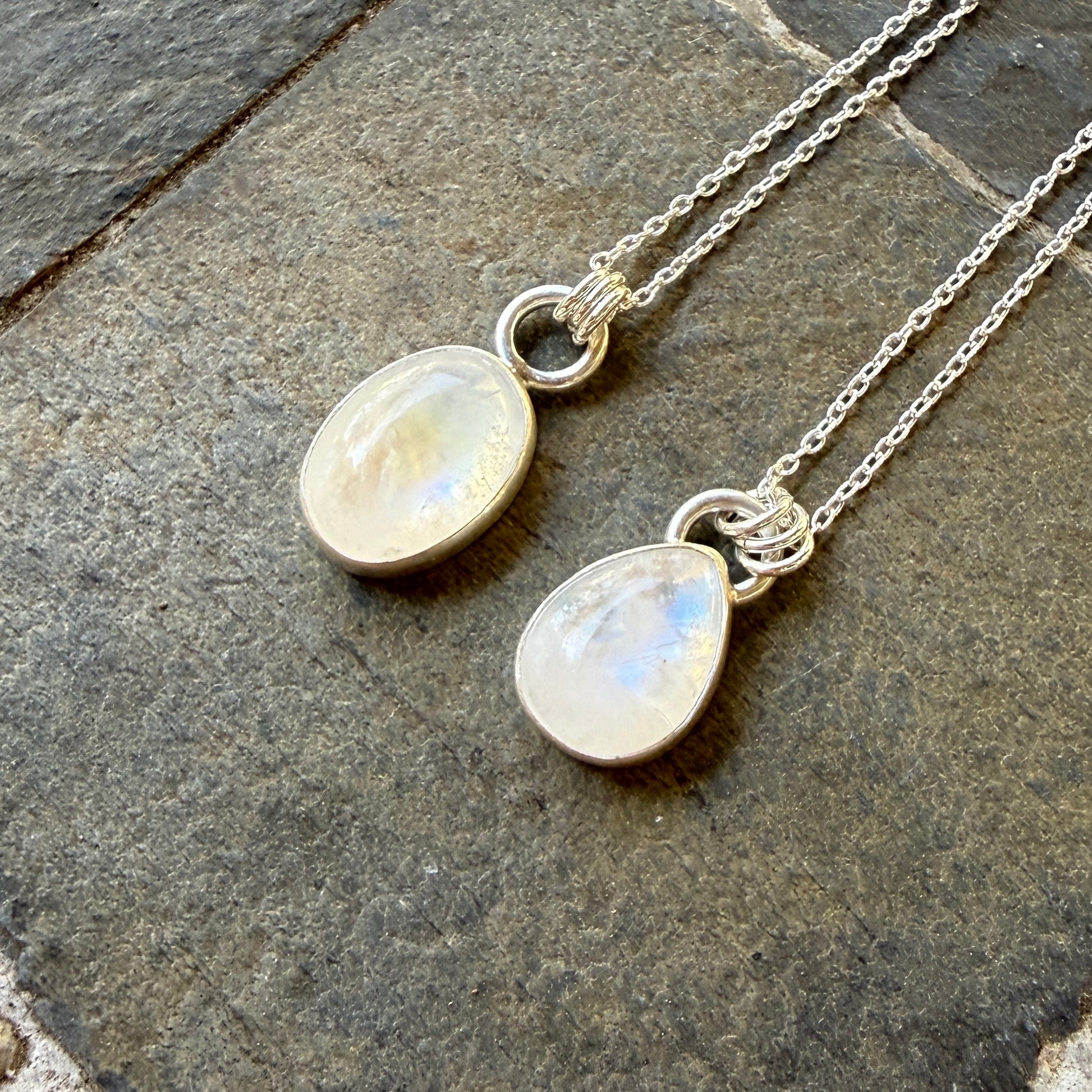 Handmade rainbow moonstone teardrop and oval sterling silver pendant necklaces — June birthstone jewelry by Accent Yourself, Corvallis Oregon