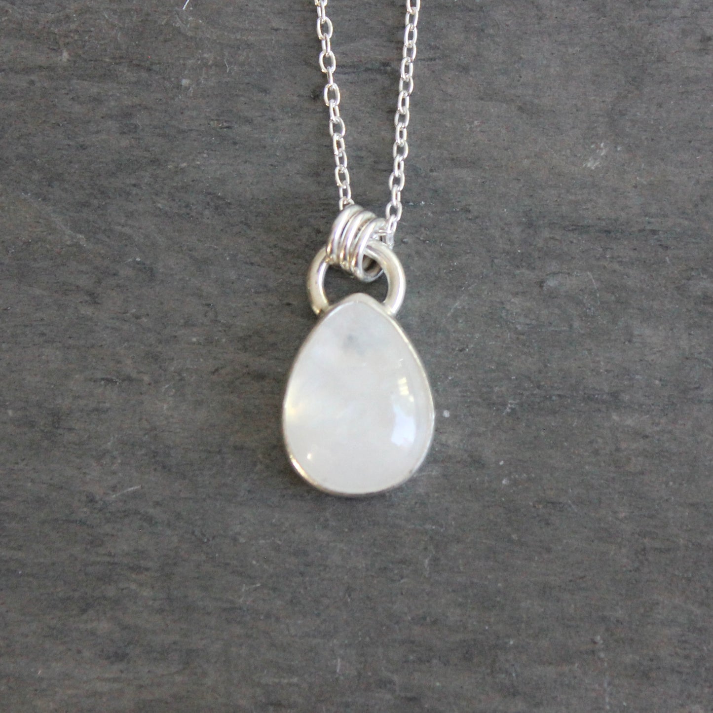 Handmade rainbow moonstone teardrop sterling silver pendant necklace — June birthstone jewelry by Accent Yourself, Corvallis Oregon