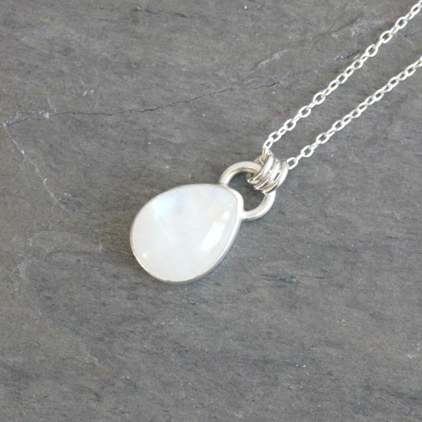 Handmade rainbow moonstone teardrop sterling silver pendant necklace — June birthstone jewelry by Accent Yourself, Corvallis Oregon