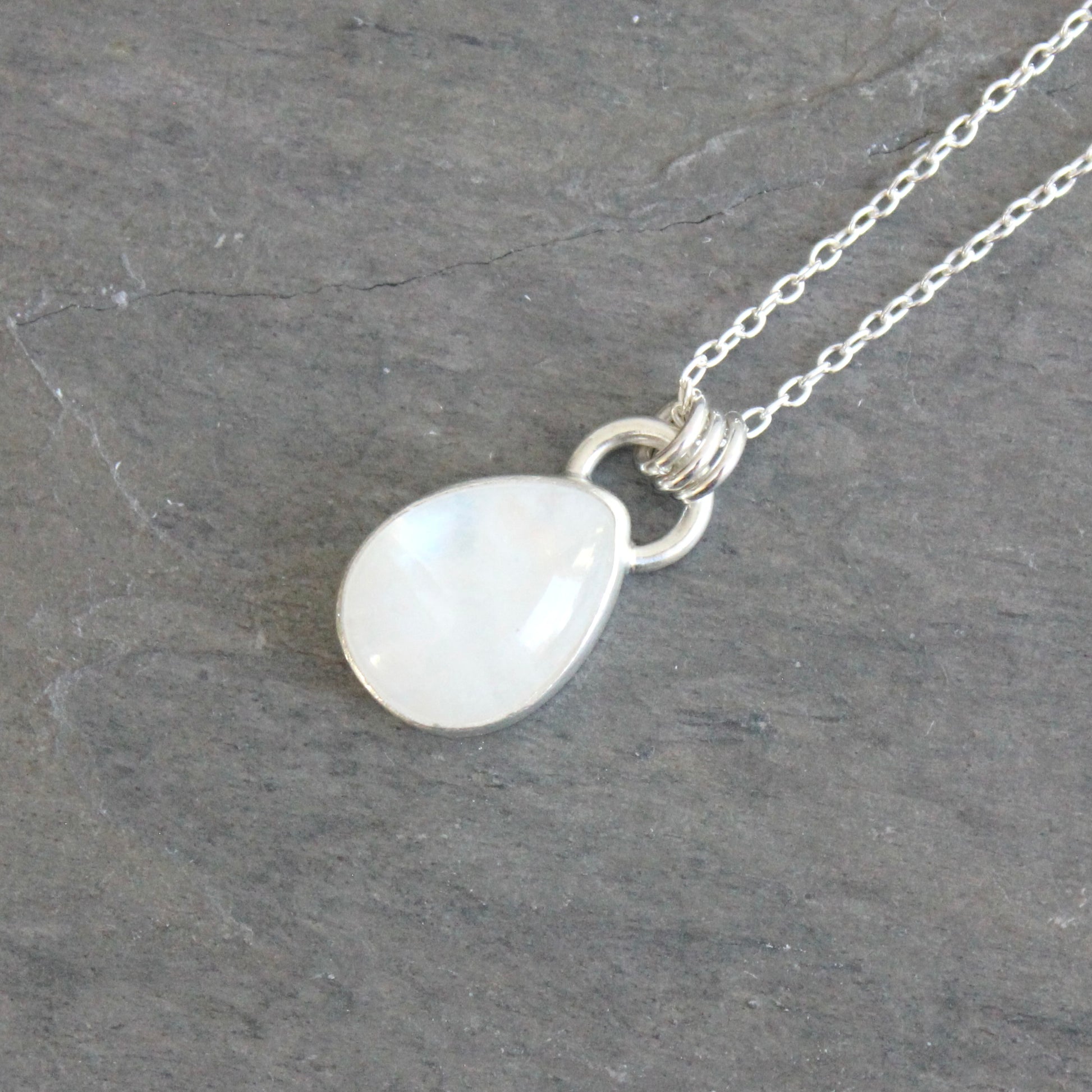 Handmade rainbow moonstone teardrop sterling silver pendant necklace — June birthstone jewelry by Accent Yourself, Corvallis Oregon