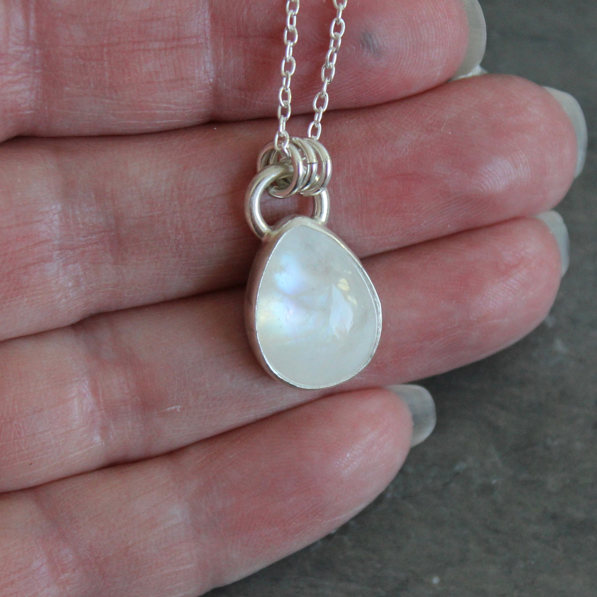 Handmade rainbow moonstone teardrop sterling silver pendant necklace — June birthstone jewelry by Accent Yourself, Corvallis Oregon