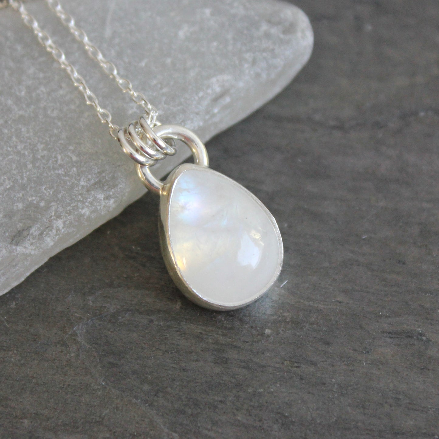 Handmade rainbow moonstone teardrop sterling silver pendant necklace — June birthstone jewelry by Accent Yourself, Corvallis Oregon