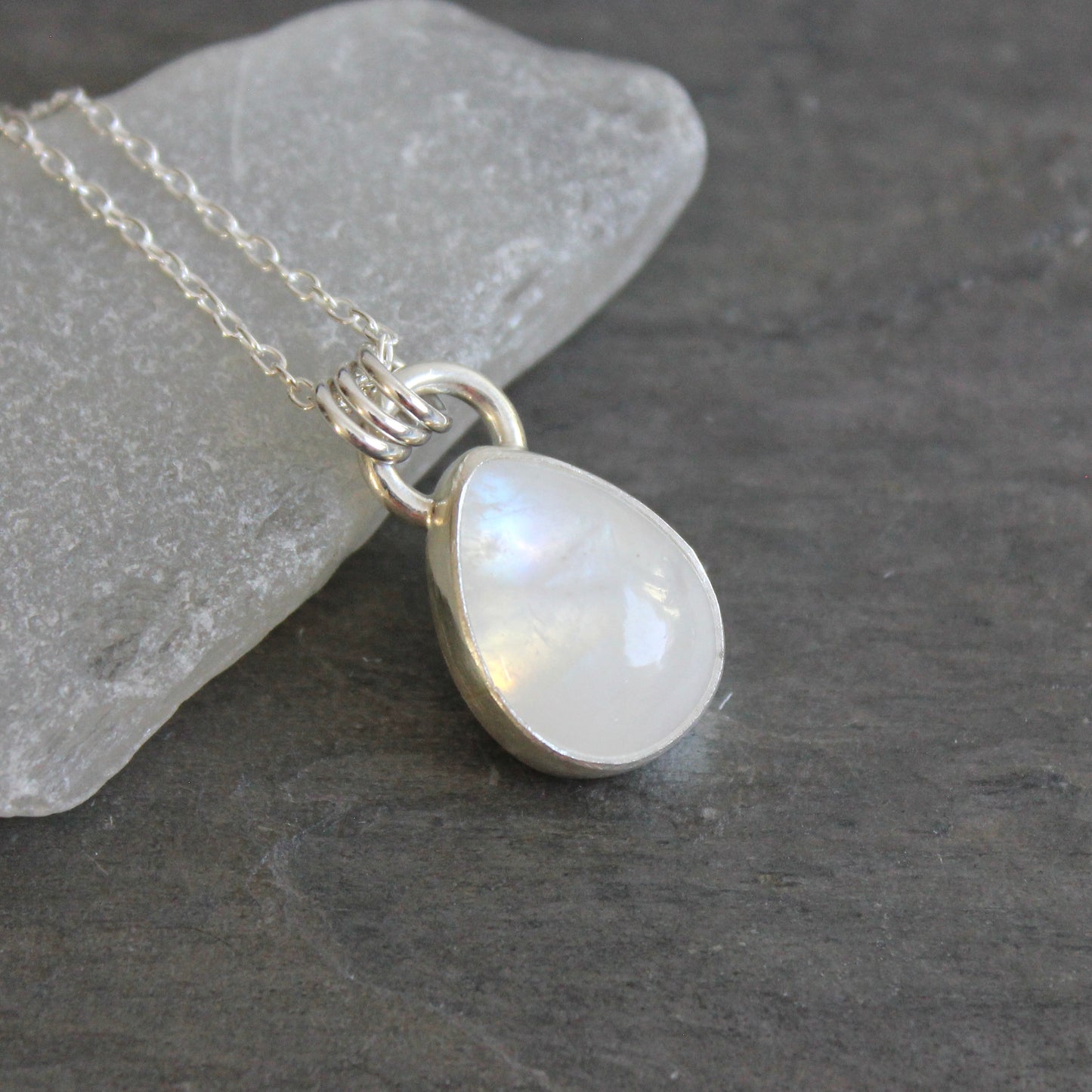 Handmade rainbow moonstone teardrop sterling silver pendant necklace — June birthstone jewelry by Accent Yourself, Corvallis Oregon