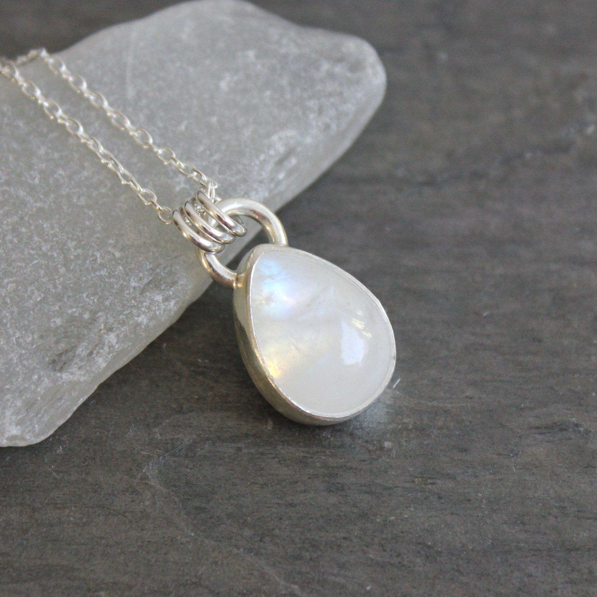 Handmade rainbow moonstone teardrop sterling silver pendant necklace — June birthstone jewelry by Accent Yourself, Corvallis Oregon
