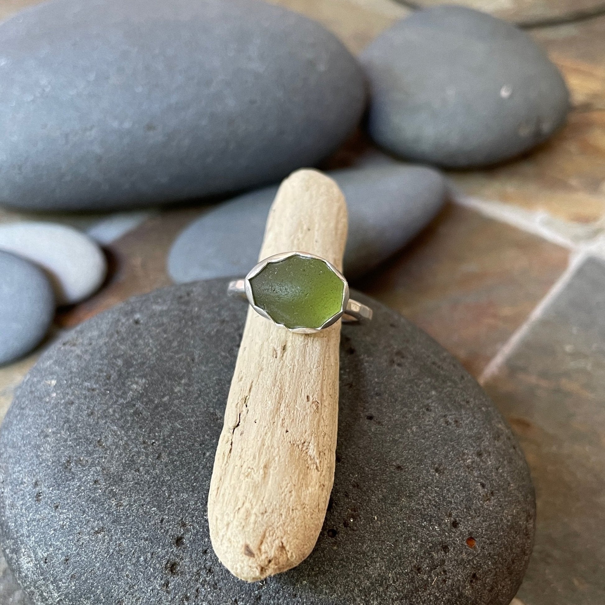 Olive Green Sea Glass Ring - AccentYourself