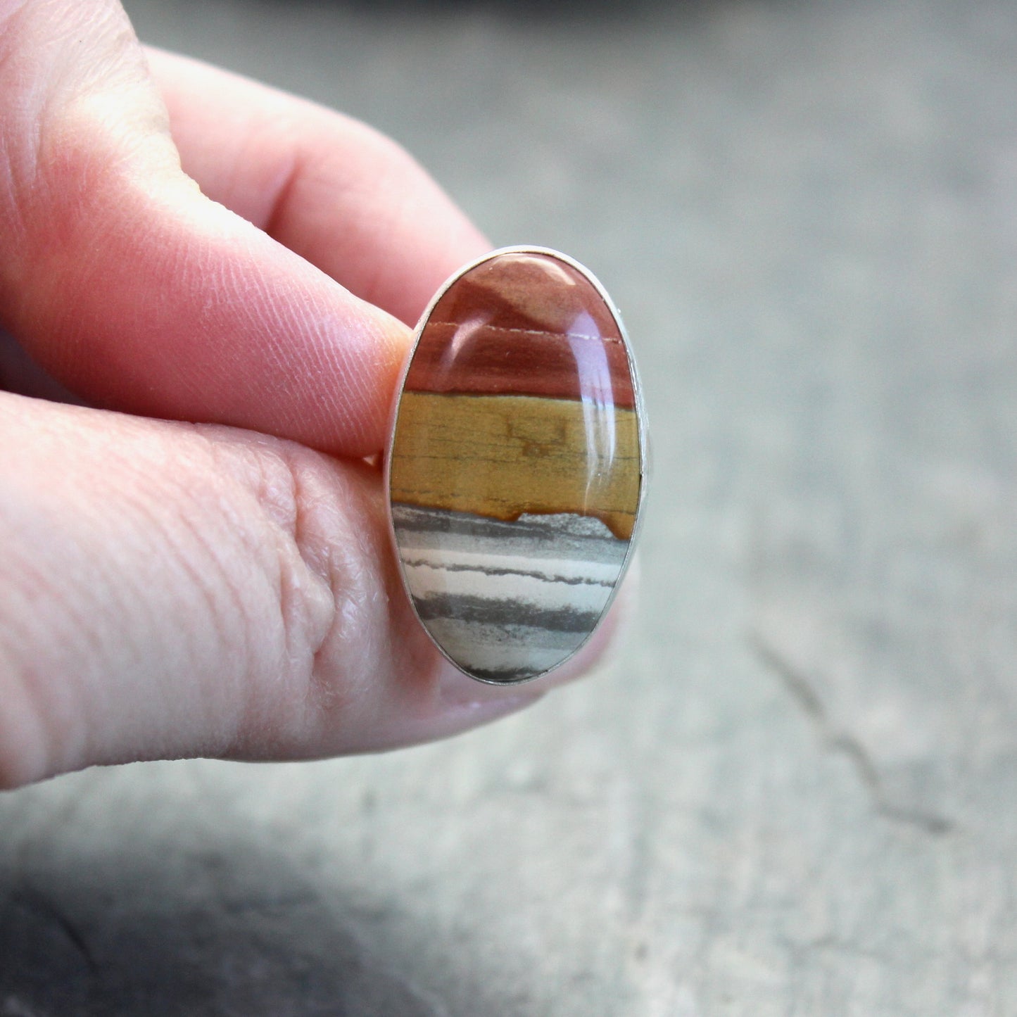 Hand holding a stone with a natural pattern against a blurred background