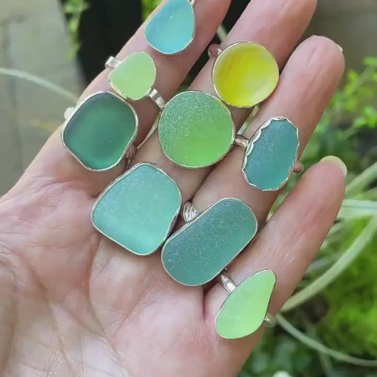 Aqua and Orange Japanese Ohajiki Marble Sea Glass Ring, Unique Birthday Gift for Ocean Lover, Handmade Sterling Silver Jewelry for Her
