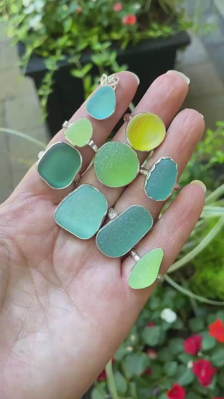 Aqua and Orange Japanese Ohajiki Marble Sea Glass Ring, Unique Birthday Gift for Ocean Lover, Handmade Sterling Silver Jewelry for Her